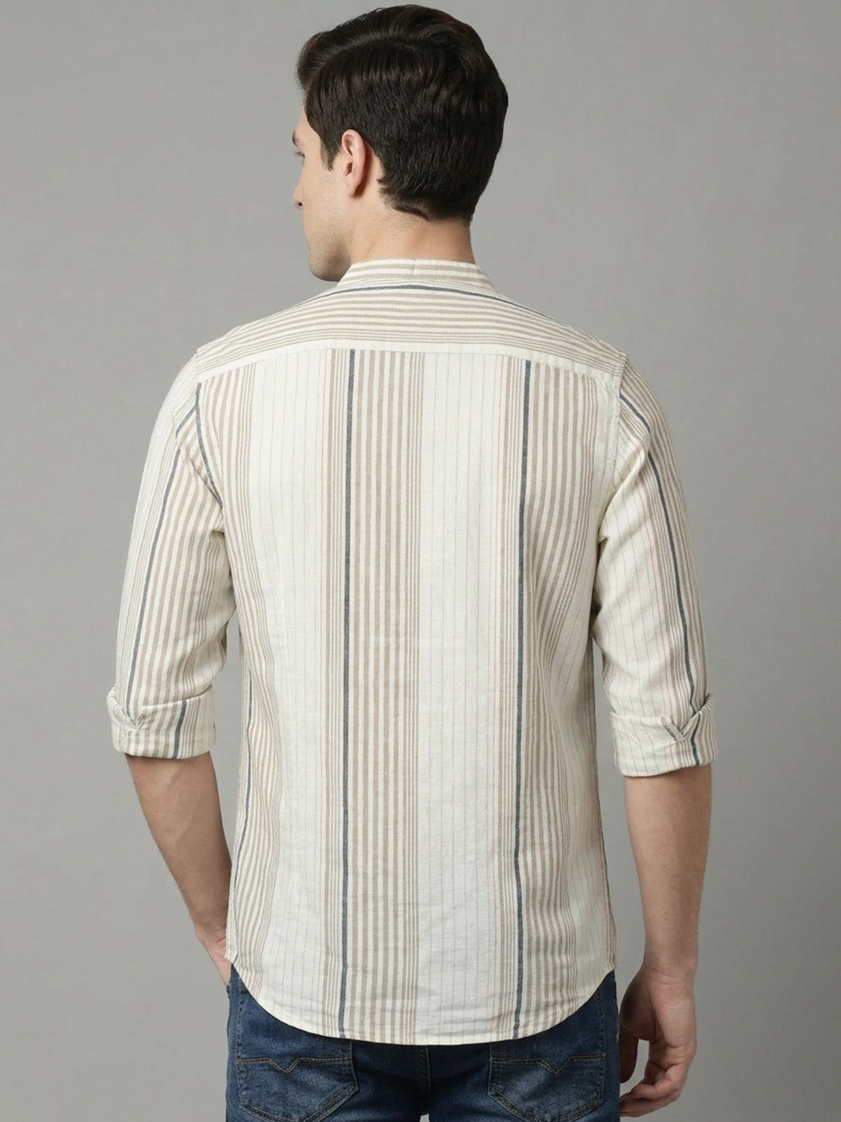 Franco Beige Cotton Striped Shirt For Men