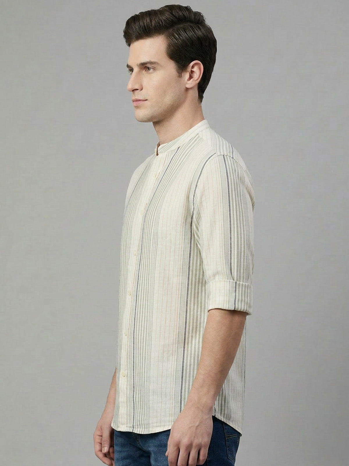 Franco Green Cotton Striped Shirt For Men
