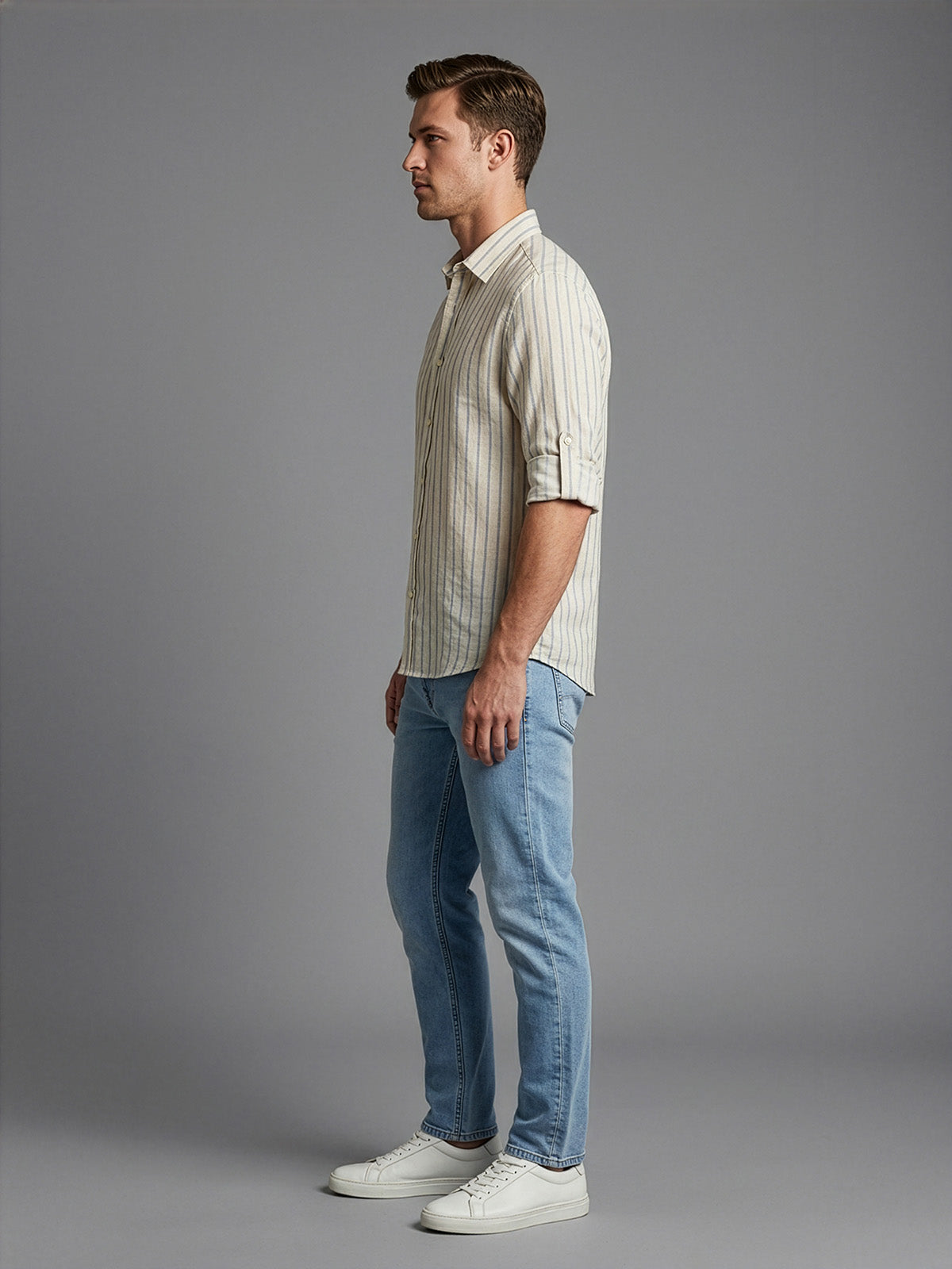 Franco Light Yellow Cotton Blend Striped Shirt For Men