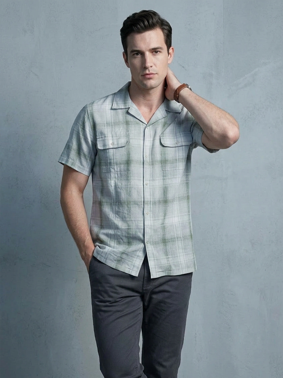 Franco Grey Cotton Linen Checked Shirt For Men