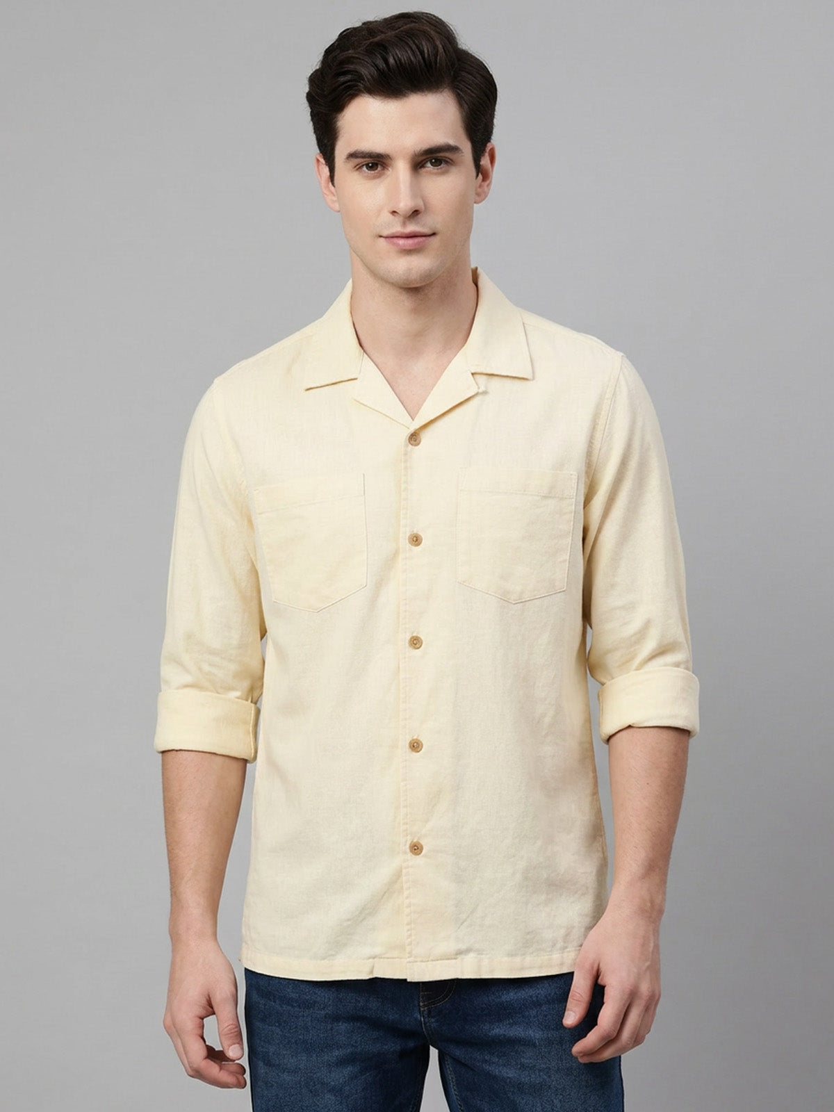 Franco Beige Cotton Plain Shirt For Men