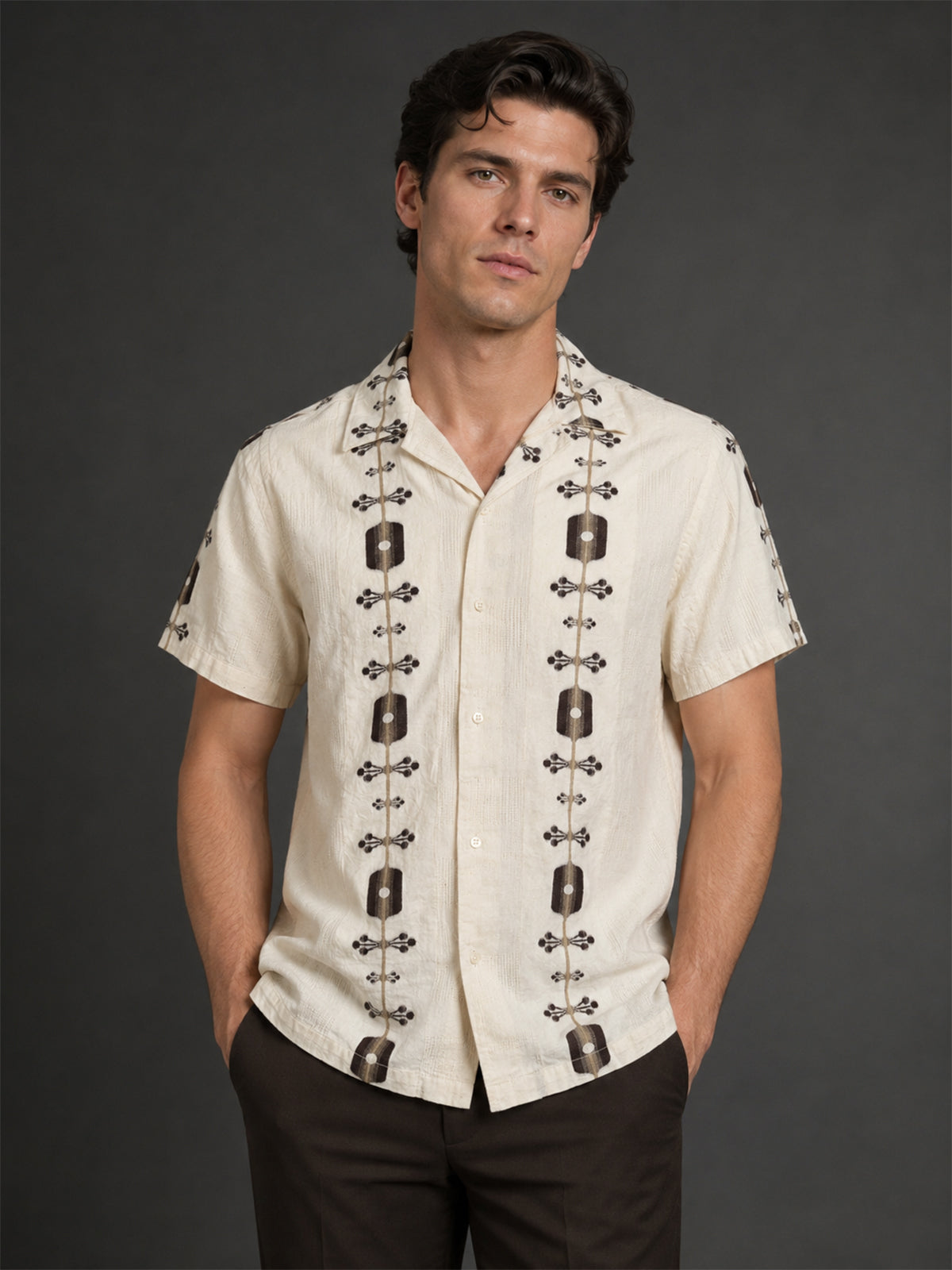 Franco Beige And Brown Cotton Blend Printed Shirt For Men