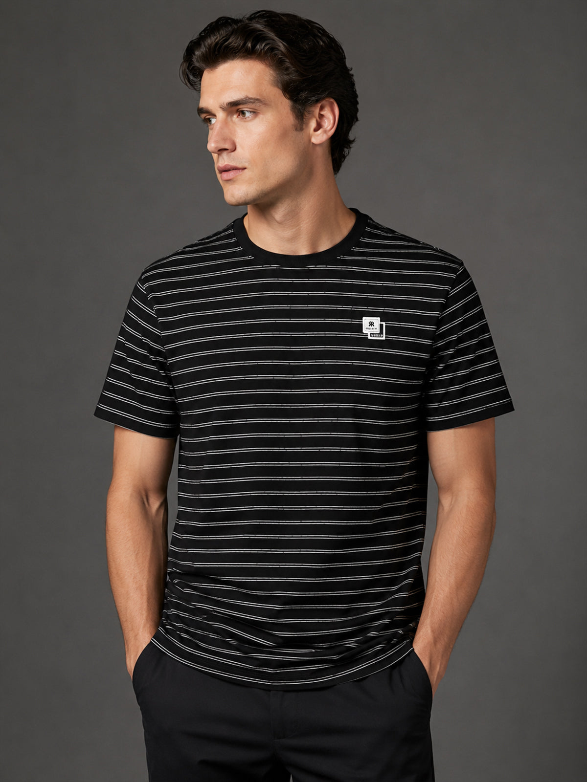 Franco Black Polyester Blend Striped T-Shirt For Men