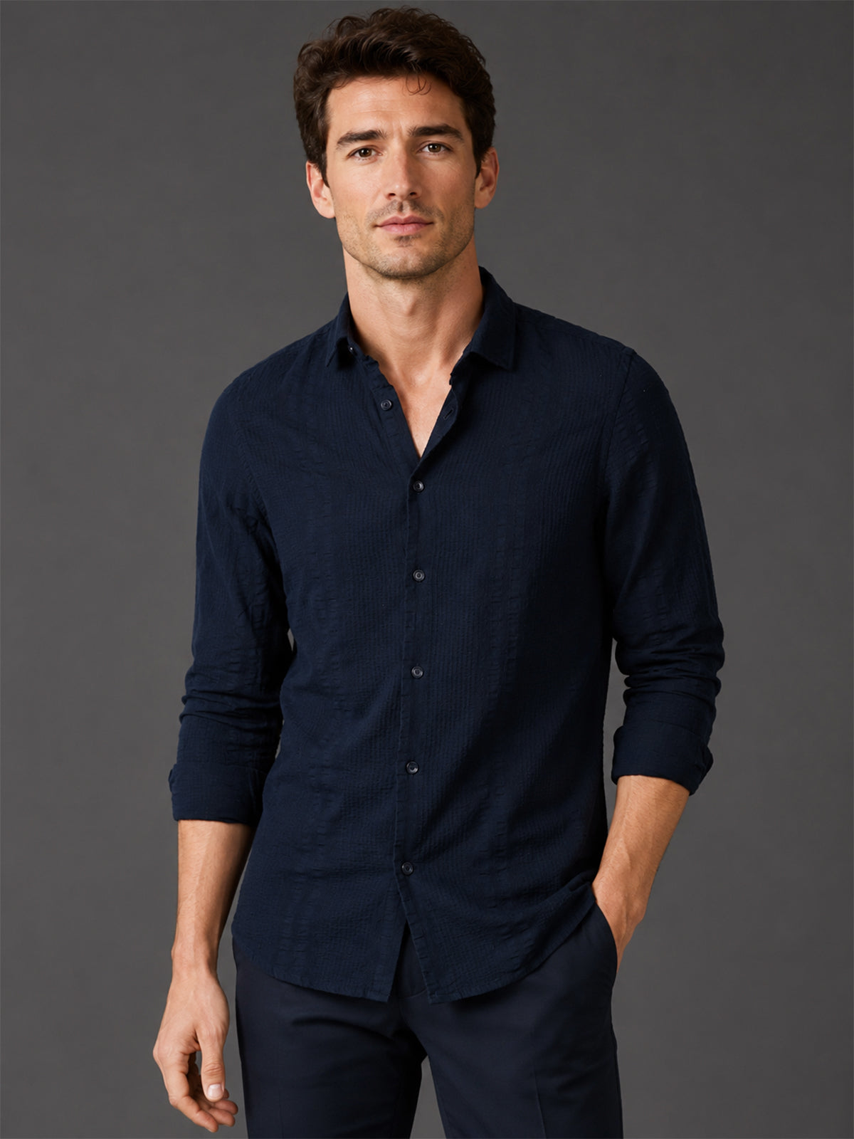 Franco Navy Blue Cotton Blend Plain Shirt For Men