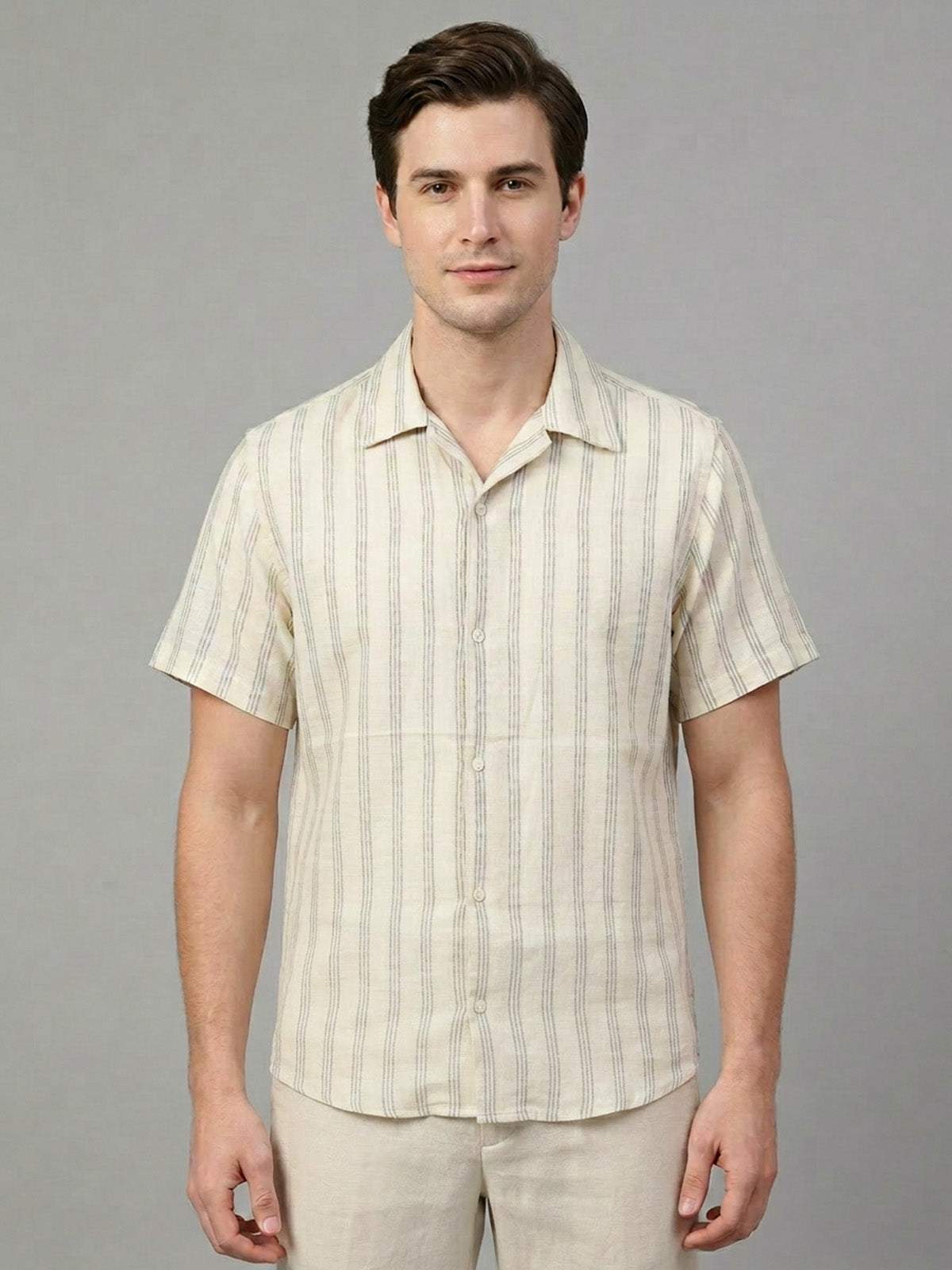 Franco Beige Cotton Linen Striped Shirt For Men