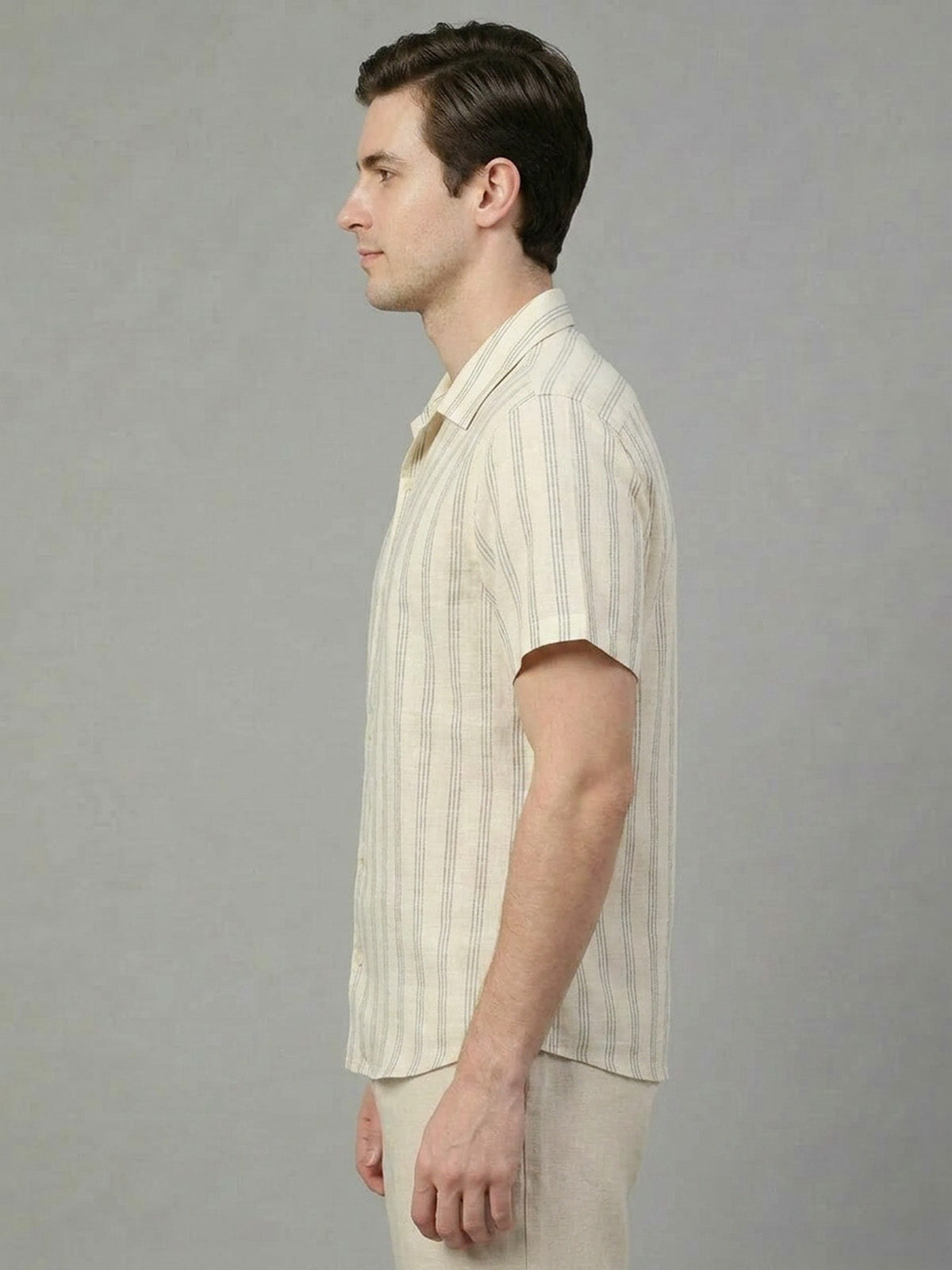 Franco Beige Cotton Linen Striped Shirt For Men