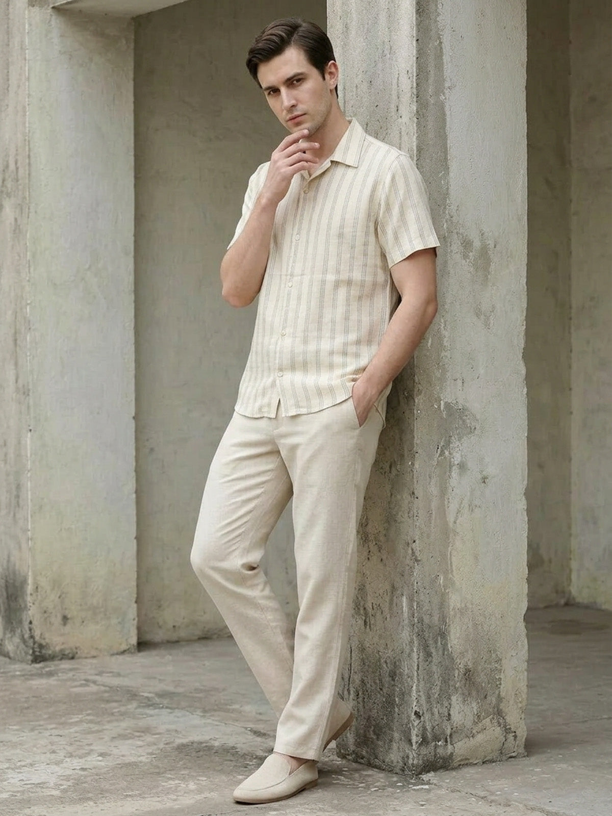 Franco Beige Cotton Linen Striped Shirt For Men