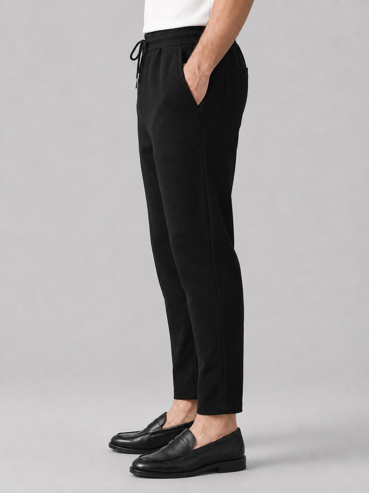 Franco Black Polyester Rib Solid Trouser For Men