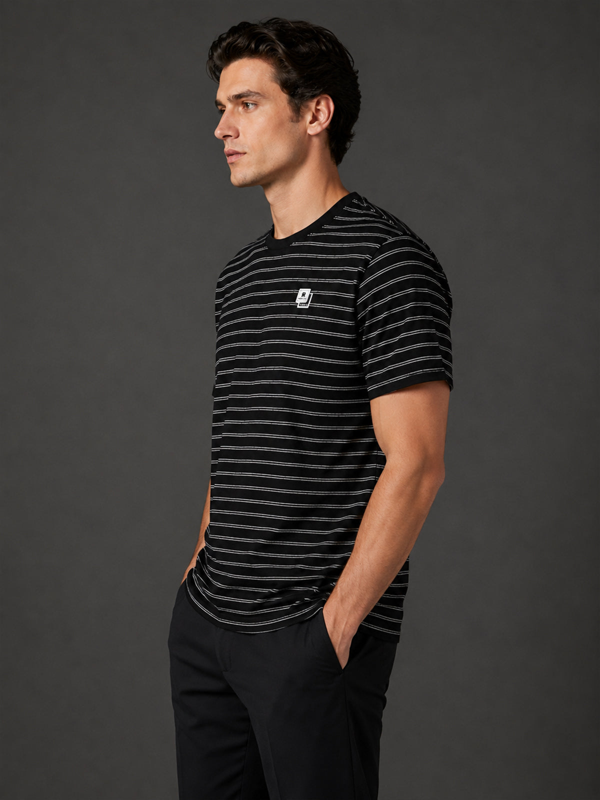 Franco Black Polyester Blend Striped T-Shirt For Men