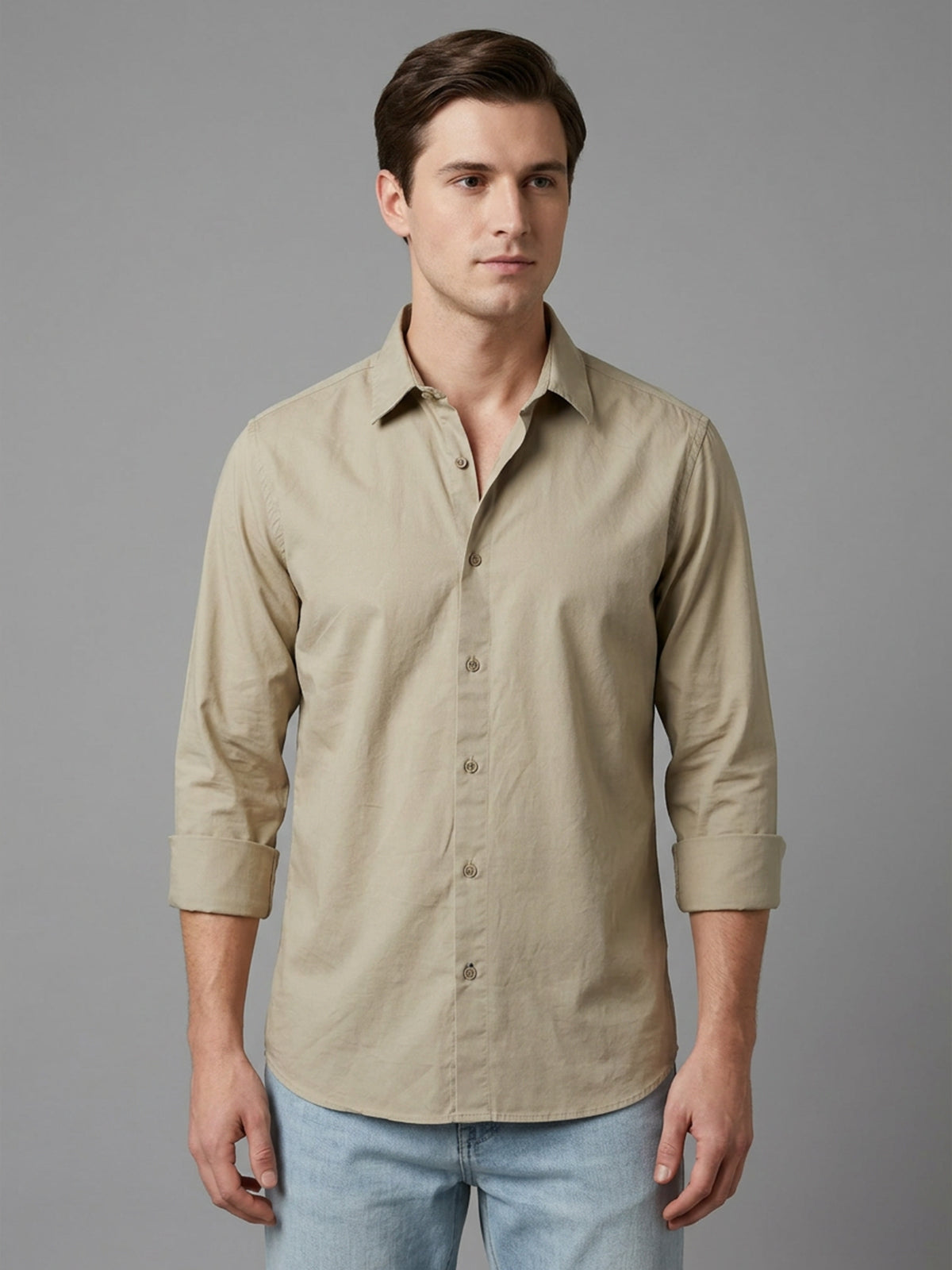Franco Beige Cotton Blend Solid Shirt For Men