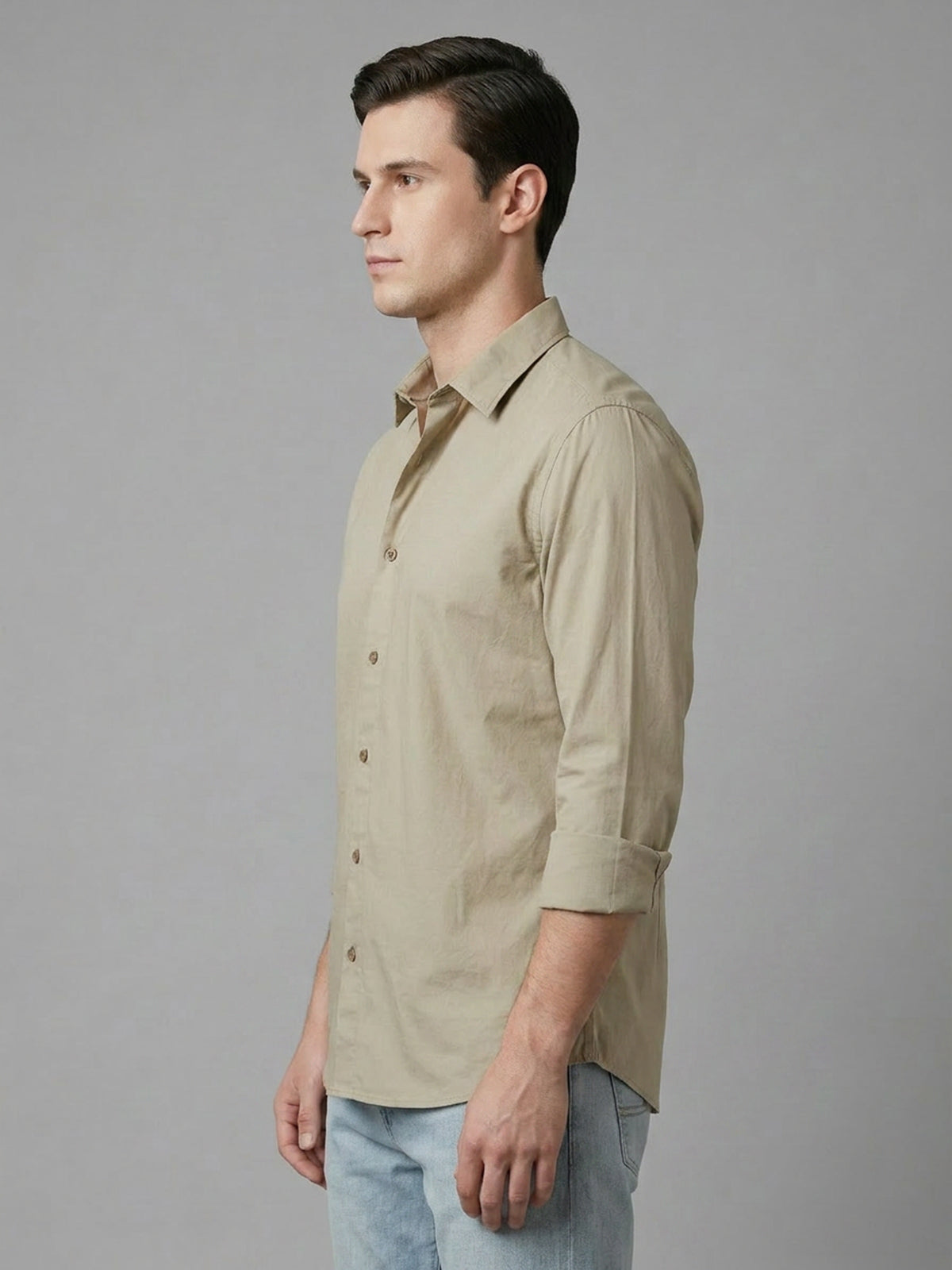 Franco Beige Cotton Blend Solid Shirt For Men