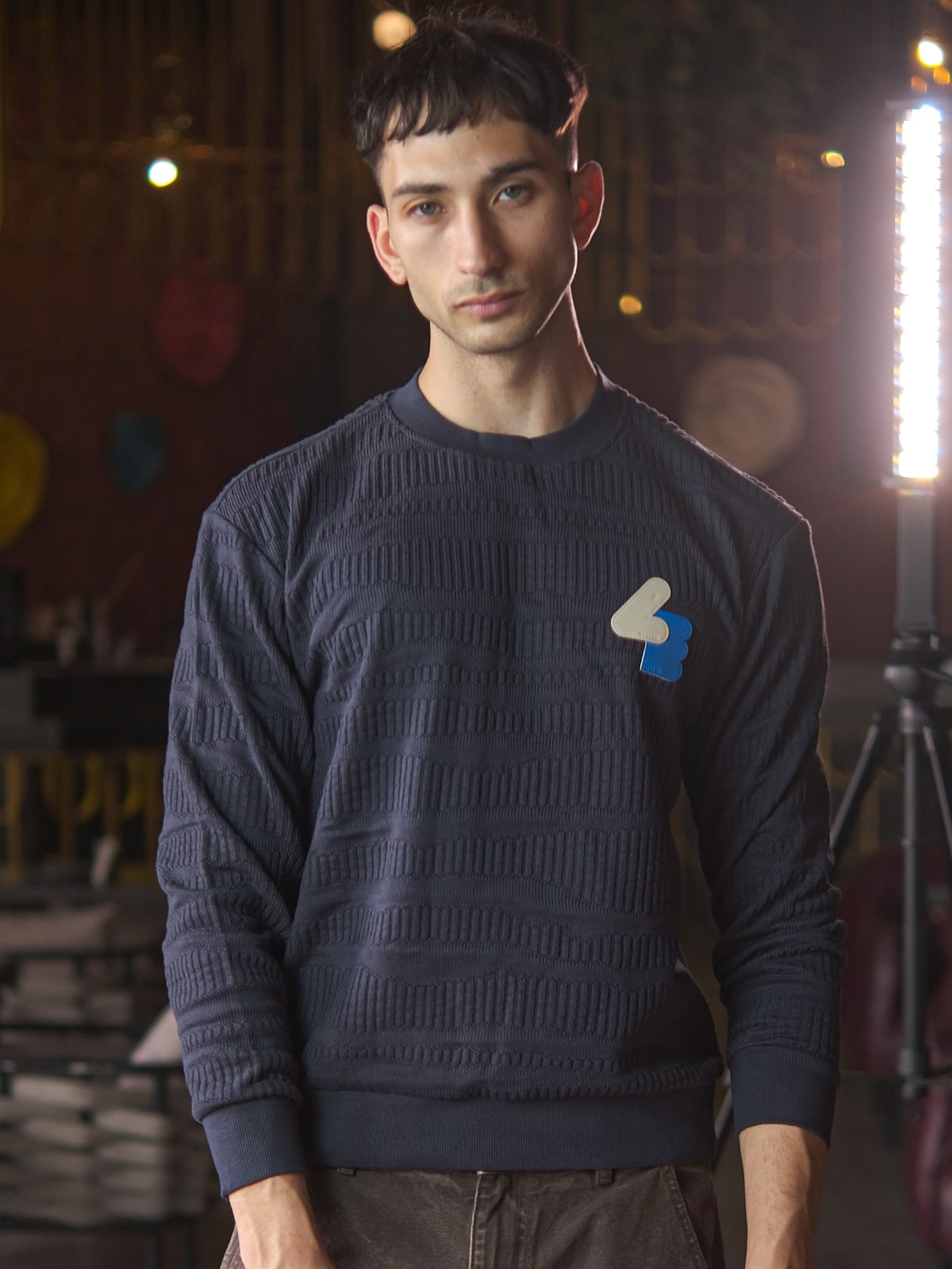 Navy Blue Cotton Rib Textured Sweatshirt For Men