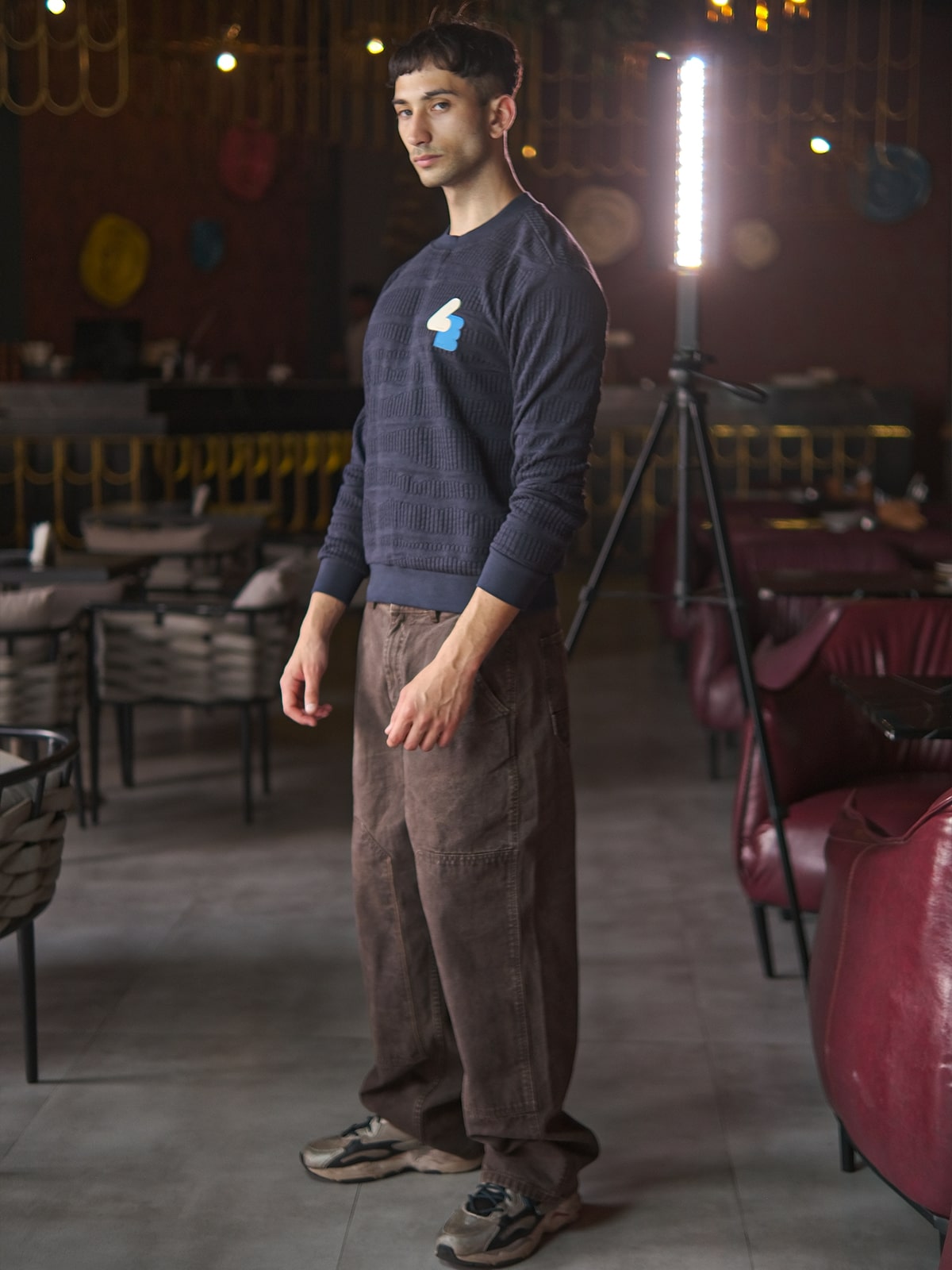 Navy Blue Cotton Rib Textured Sweatshirt For Men