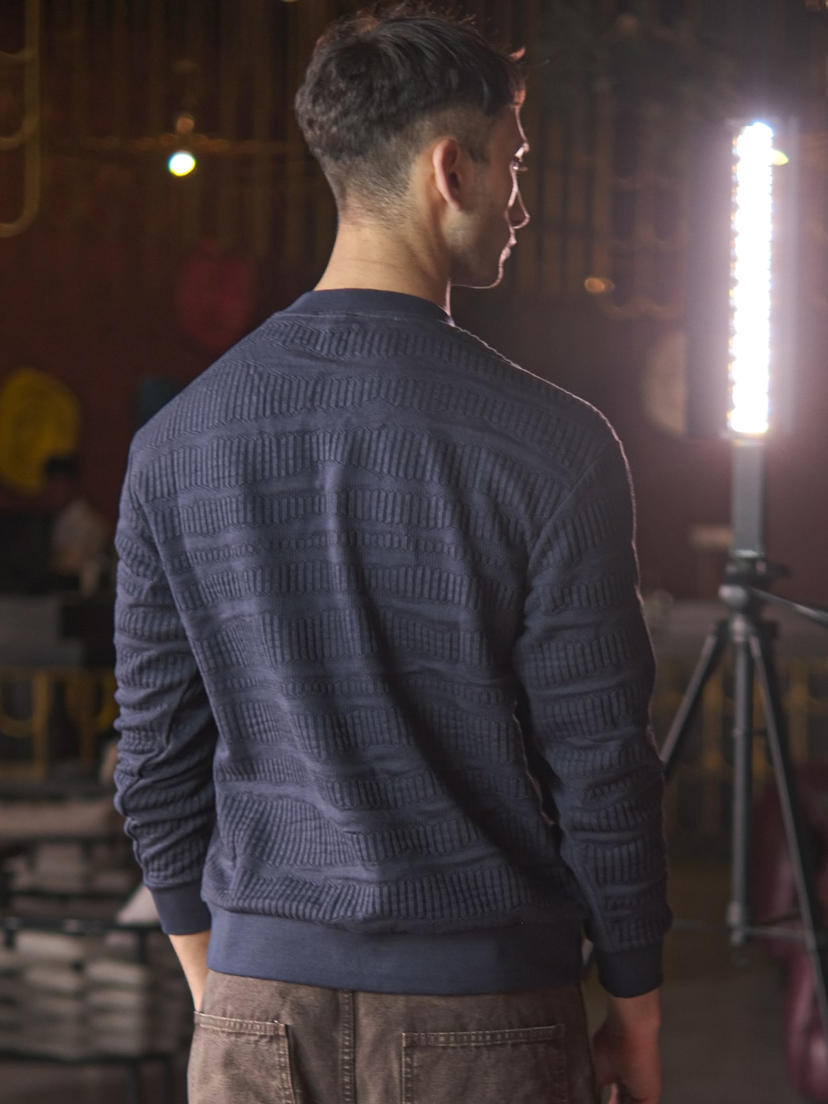 Navy Blue Cotton Rib Textured Sweatshirt For Men