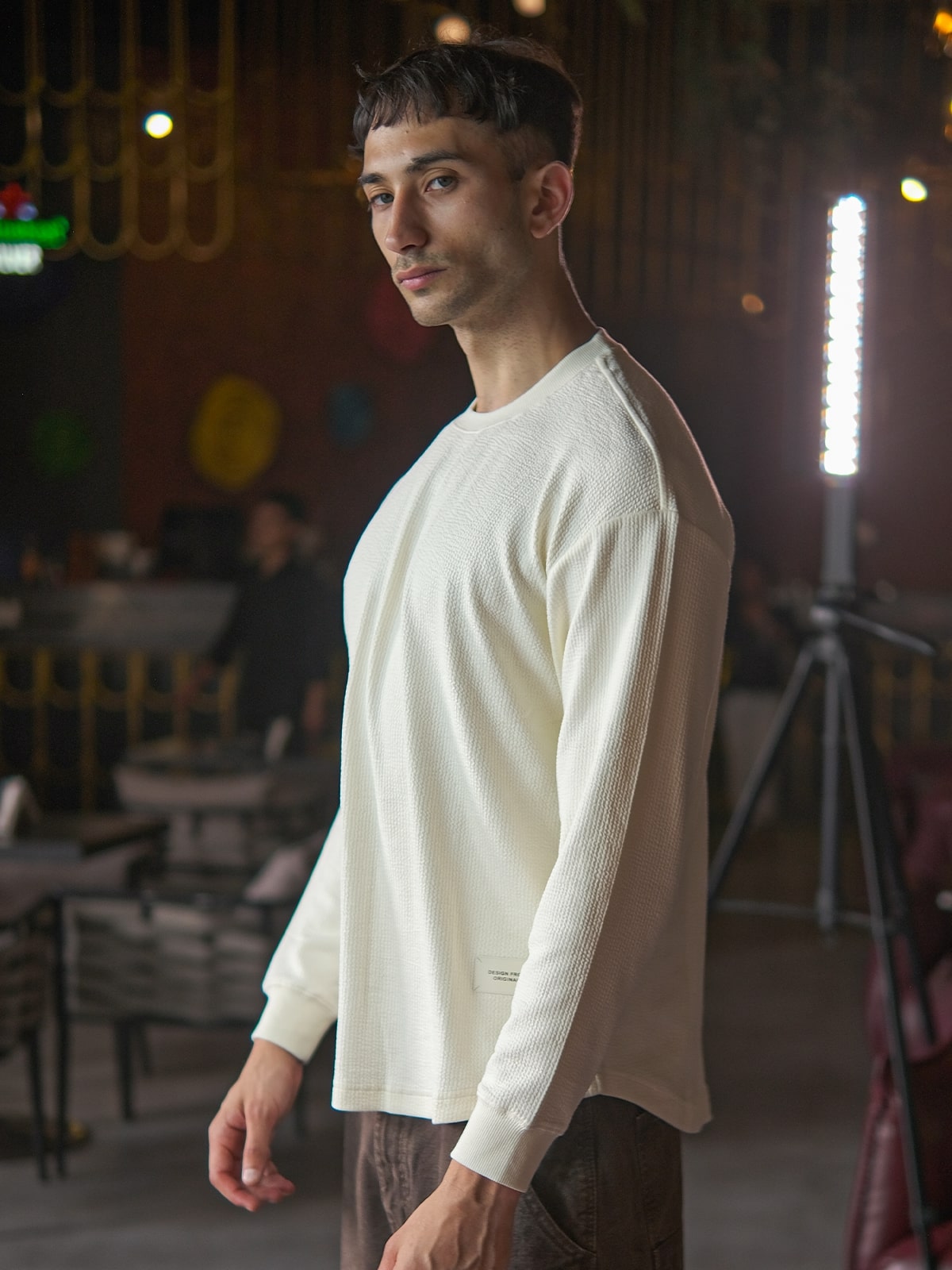 Off White Crinkled Polyester Lycra Solid Sweatshirt For Men