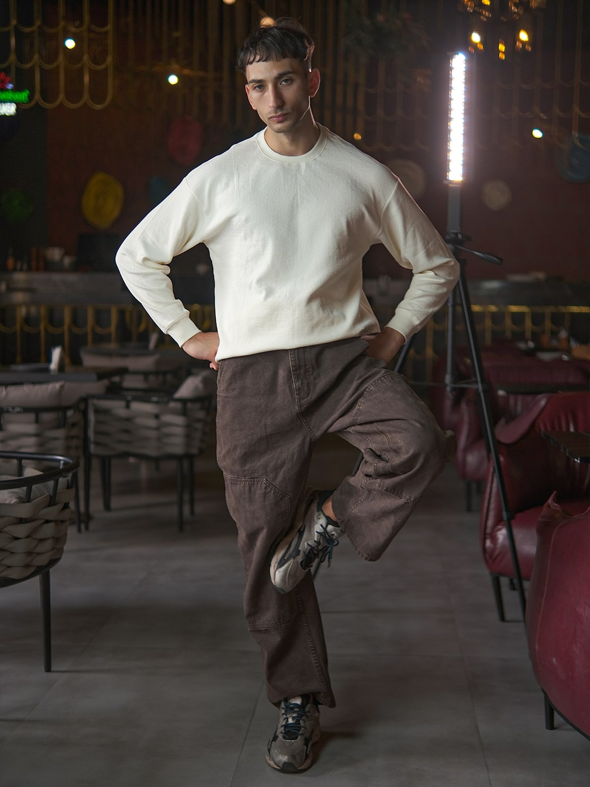 Off White Crinkled Polyester Lycra Solid Sweatshirt For Men