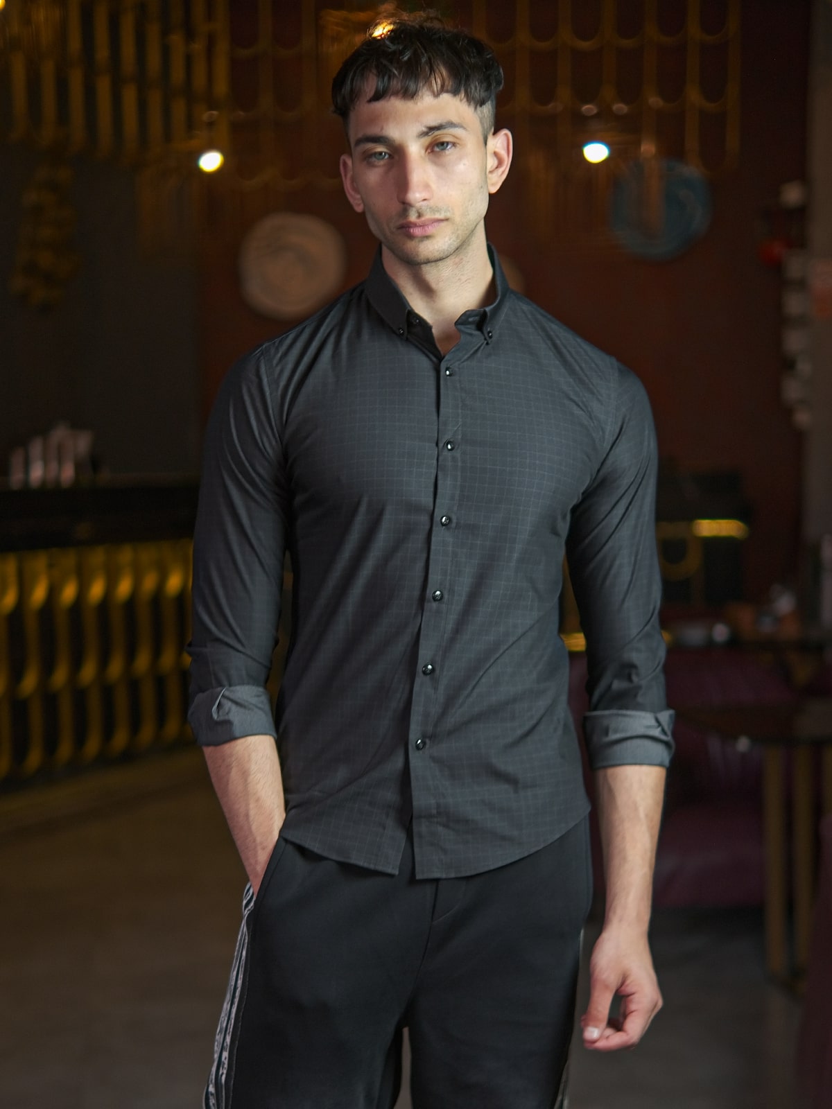 Dark Grey Polyester Lycra Solid Shirt For Men