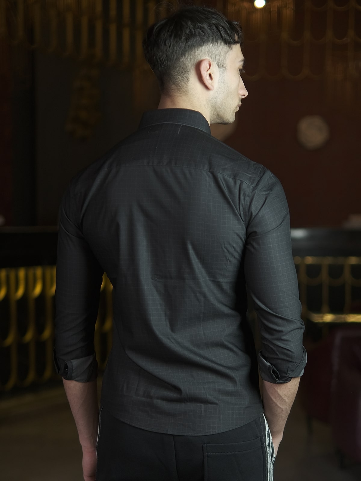 Dark Grey Polyester Lycra Solid Shirt For Men