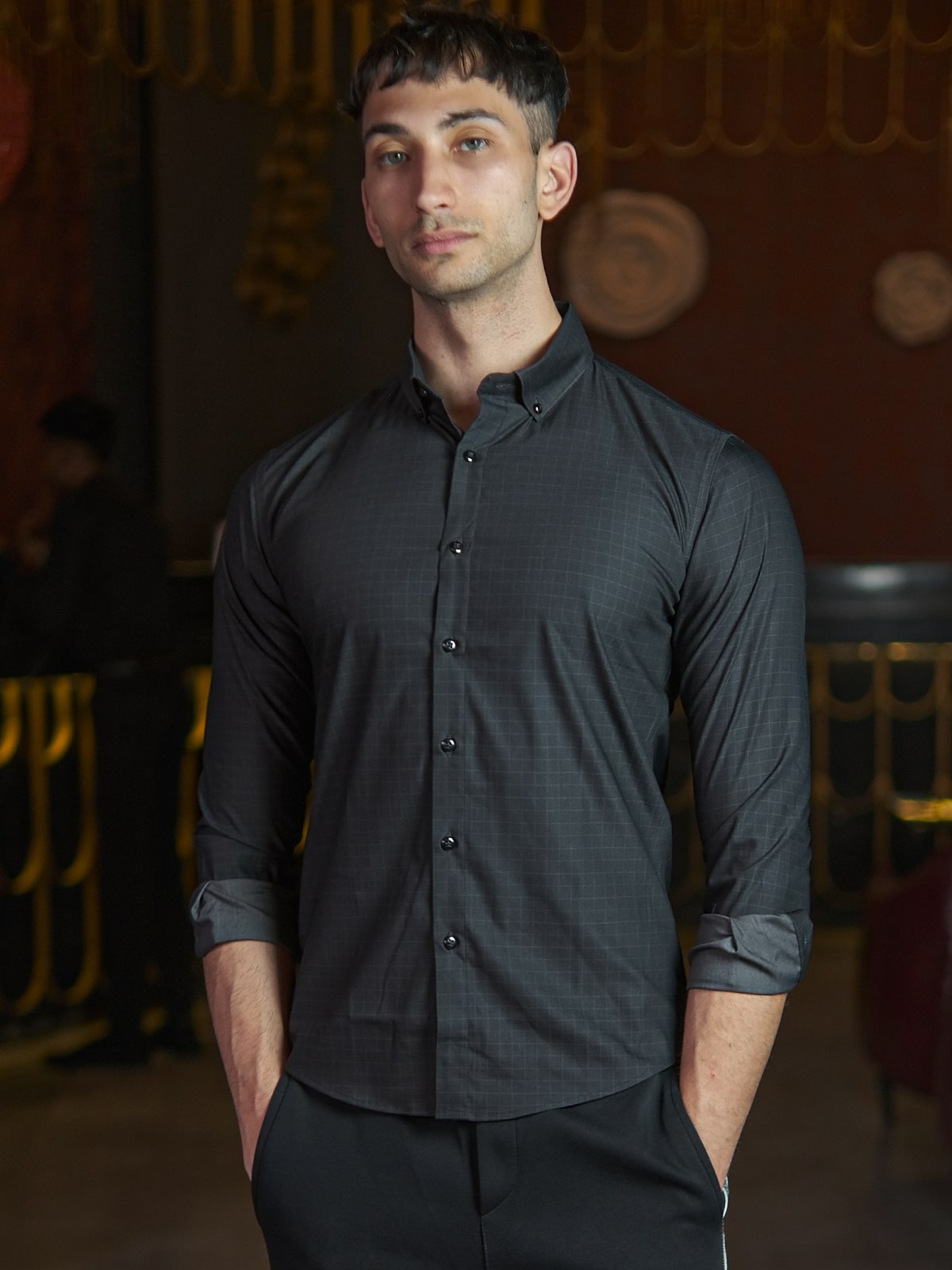 Dark Grey Polyester Lycra Solid Shirt For Men