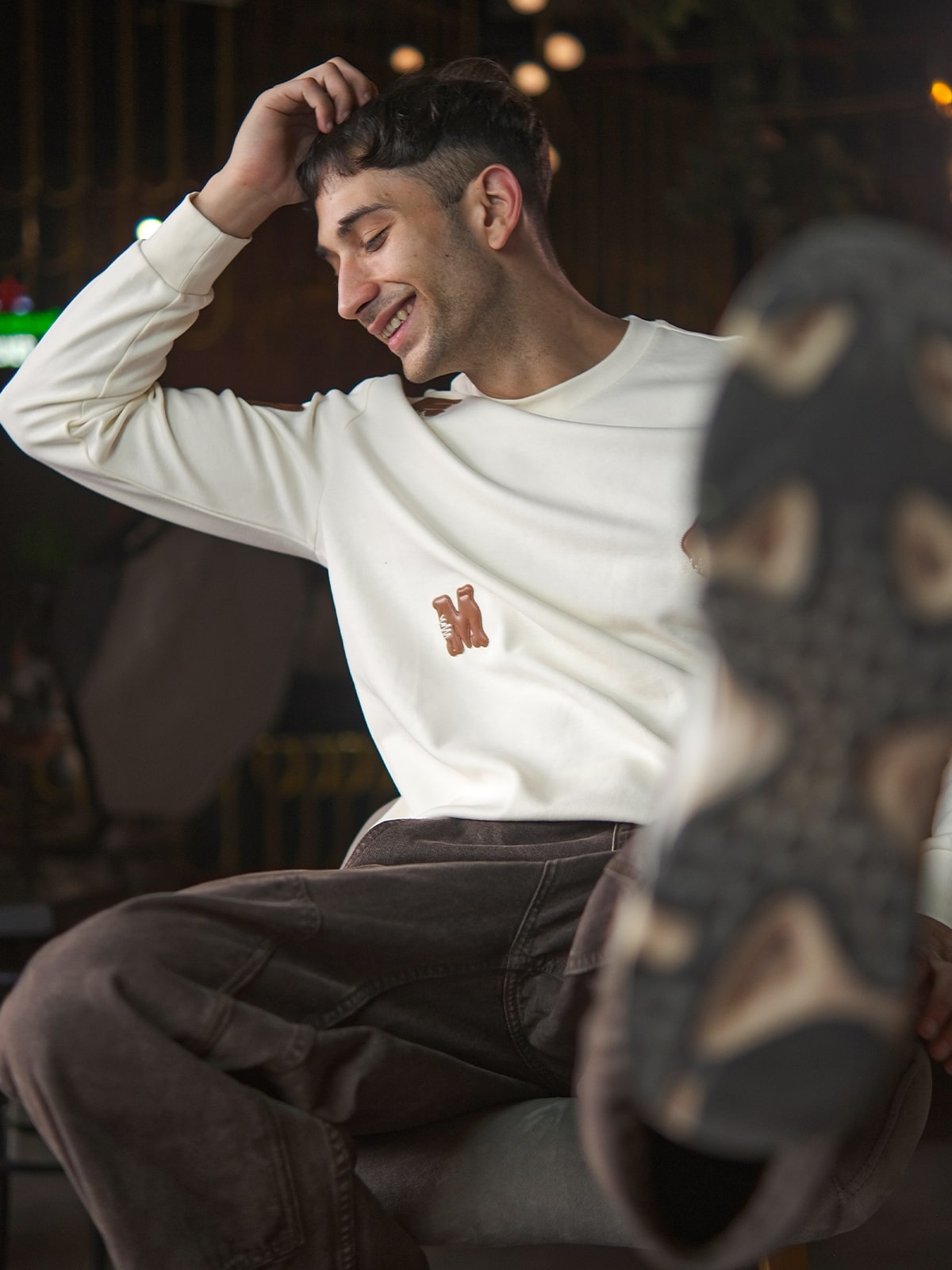 Off White Cotton Jersey Embellished Sweatshirt For Men