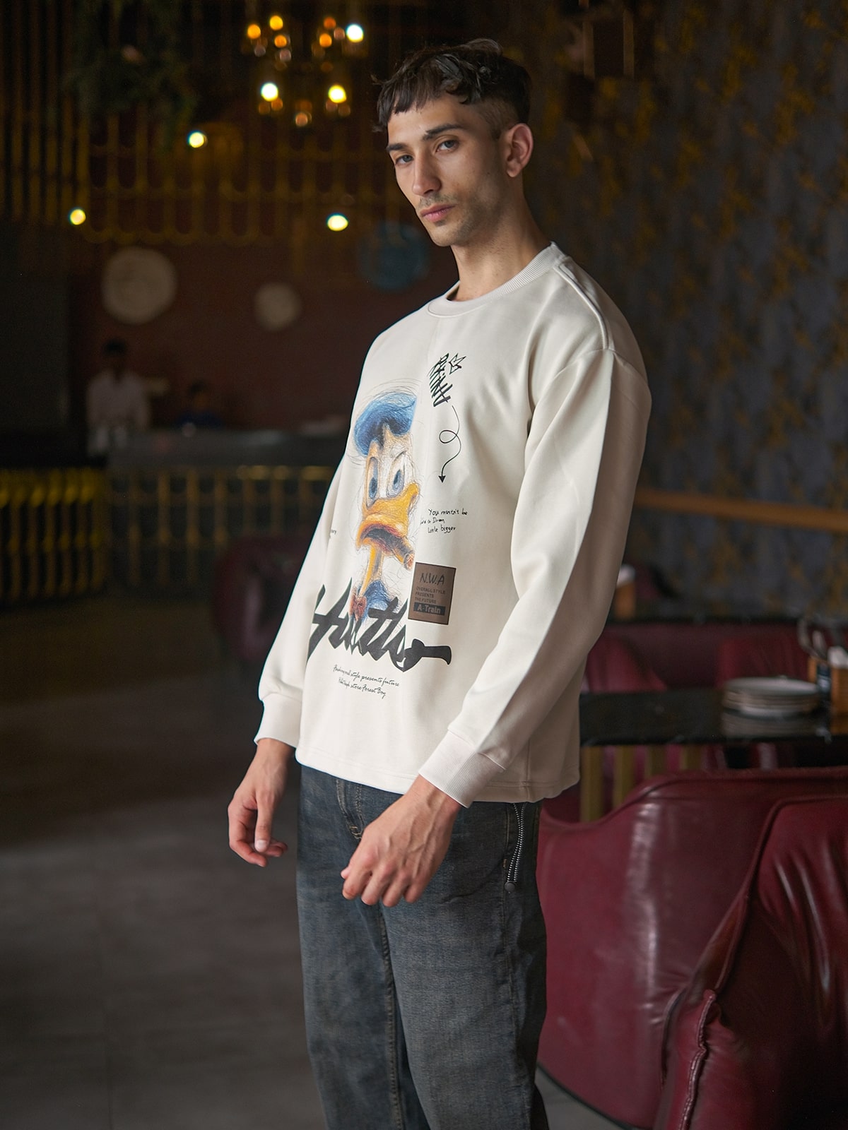 Off White Cotton Rib Jersey Printed Sweatshirt For Men