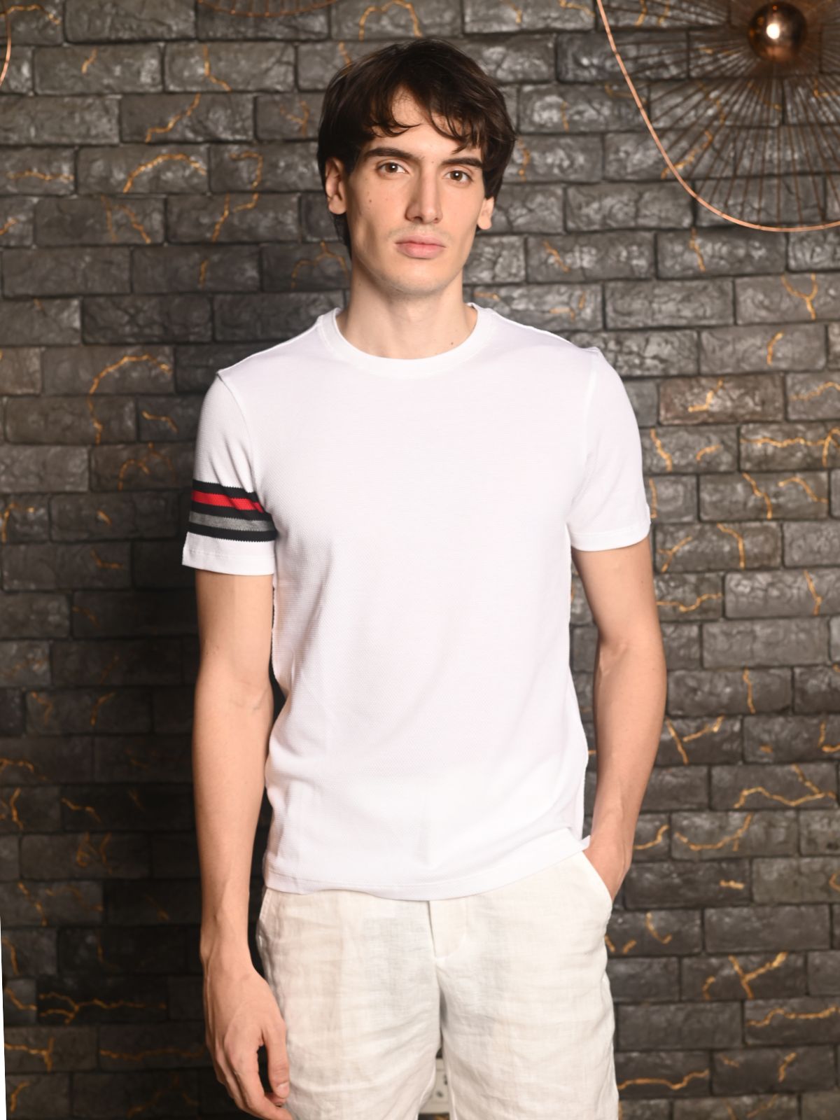 White Patterned Textured Cotton Lycra T-shirt For Men