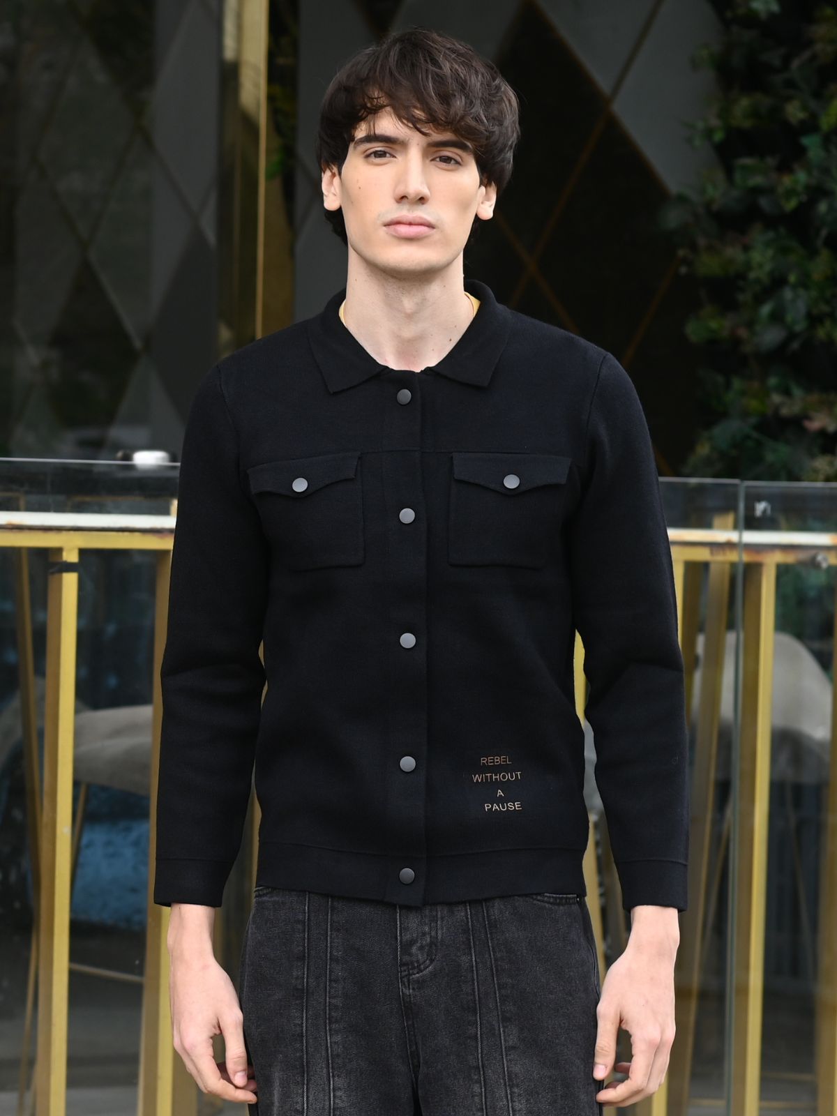 Black Patterned heavy Cotton Rib Jacket For Men