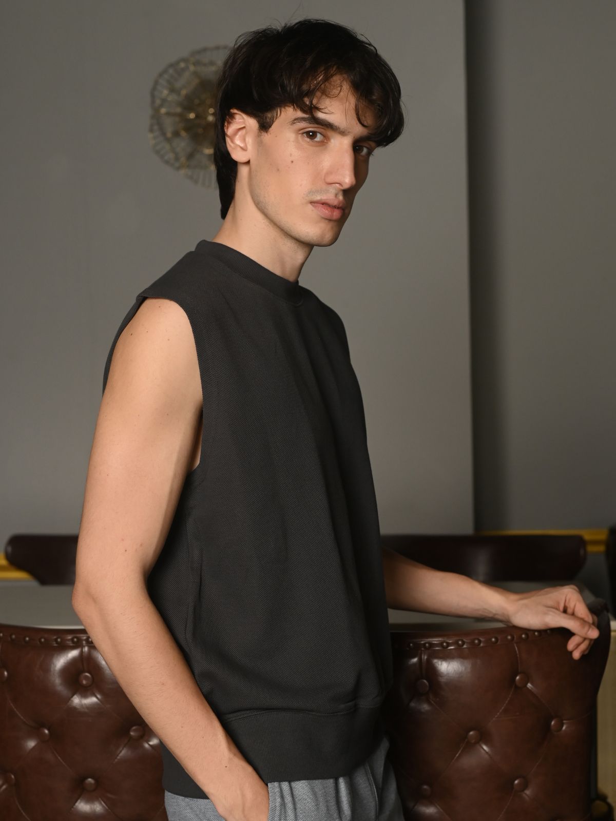 Grey Solid Cotton Rib T-shirt For Men