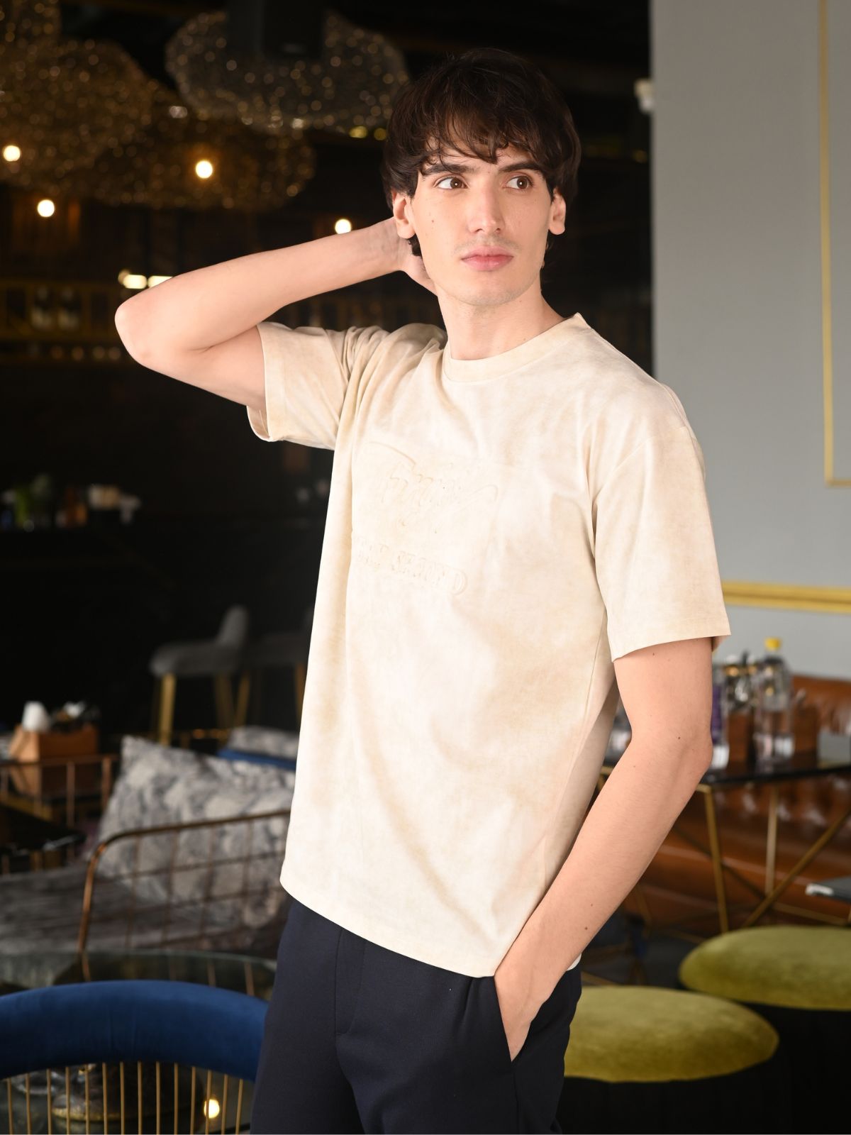 Cream Solid Tie and dye Cotton jersey T-shirt For Men