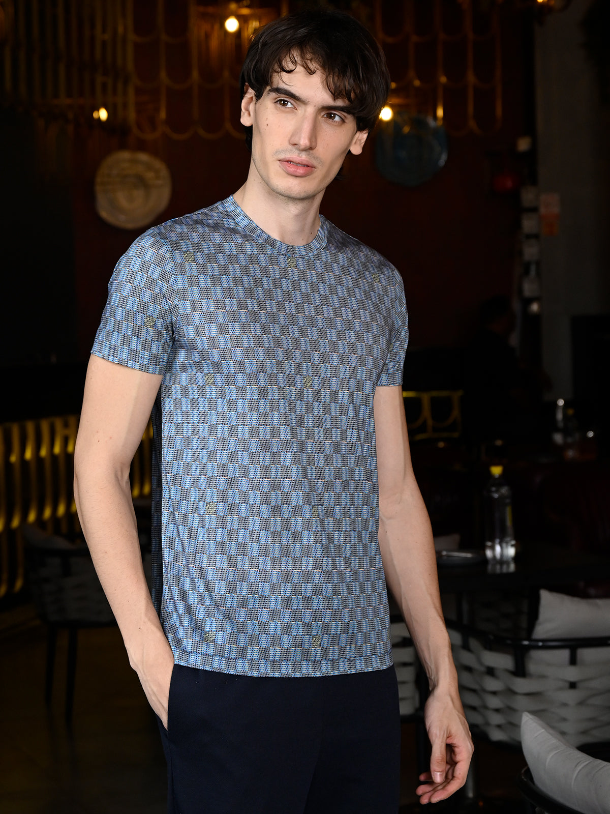 Multicolor Patterned Polyester Lycra T-shirt For Men