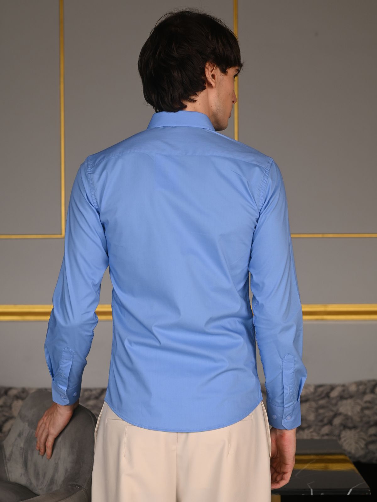 Blue Solid Cotton Lycra Formal Shirt For Men
