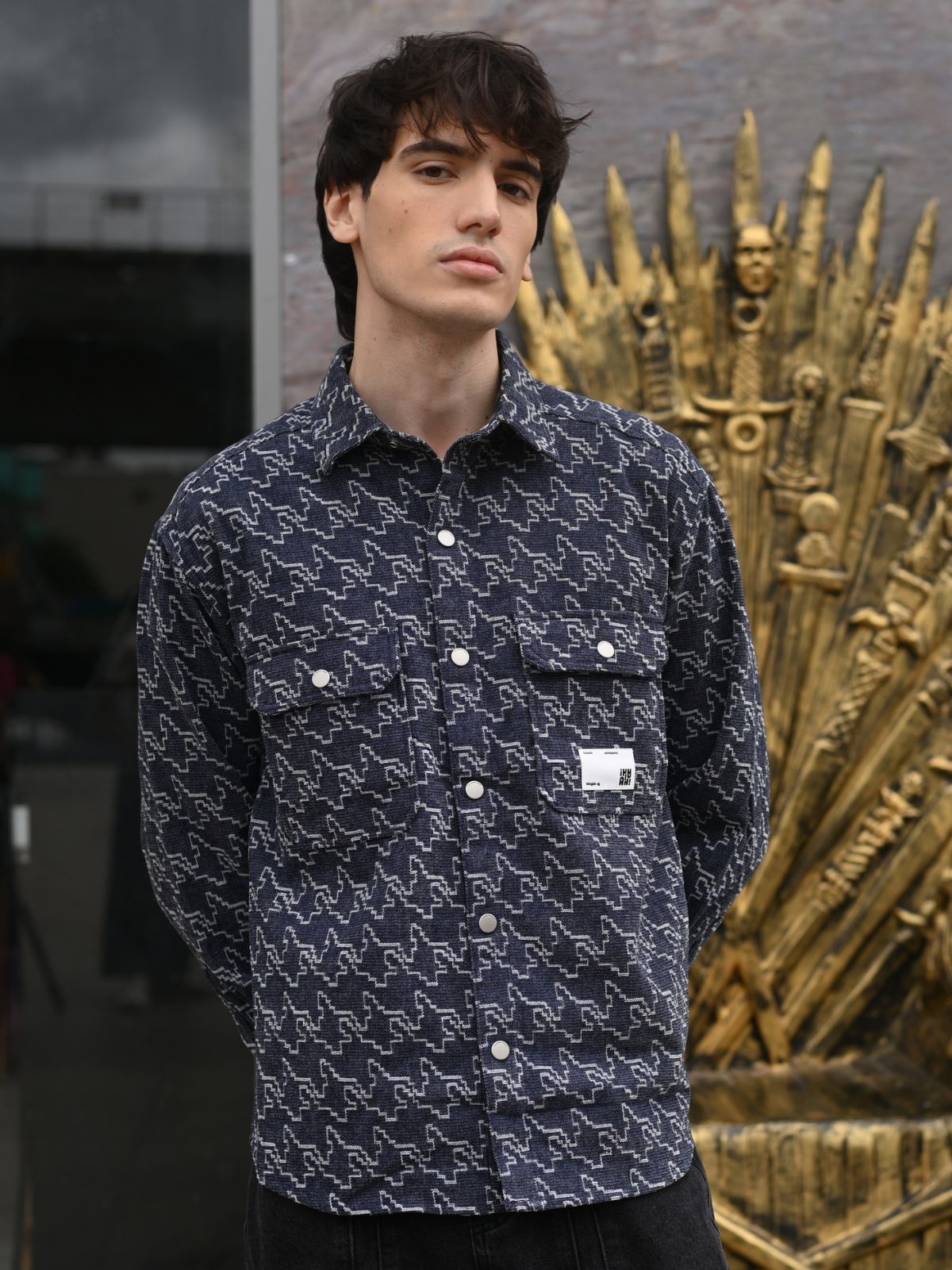 Blue Printed Denim Formal Shirt For Men