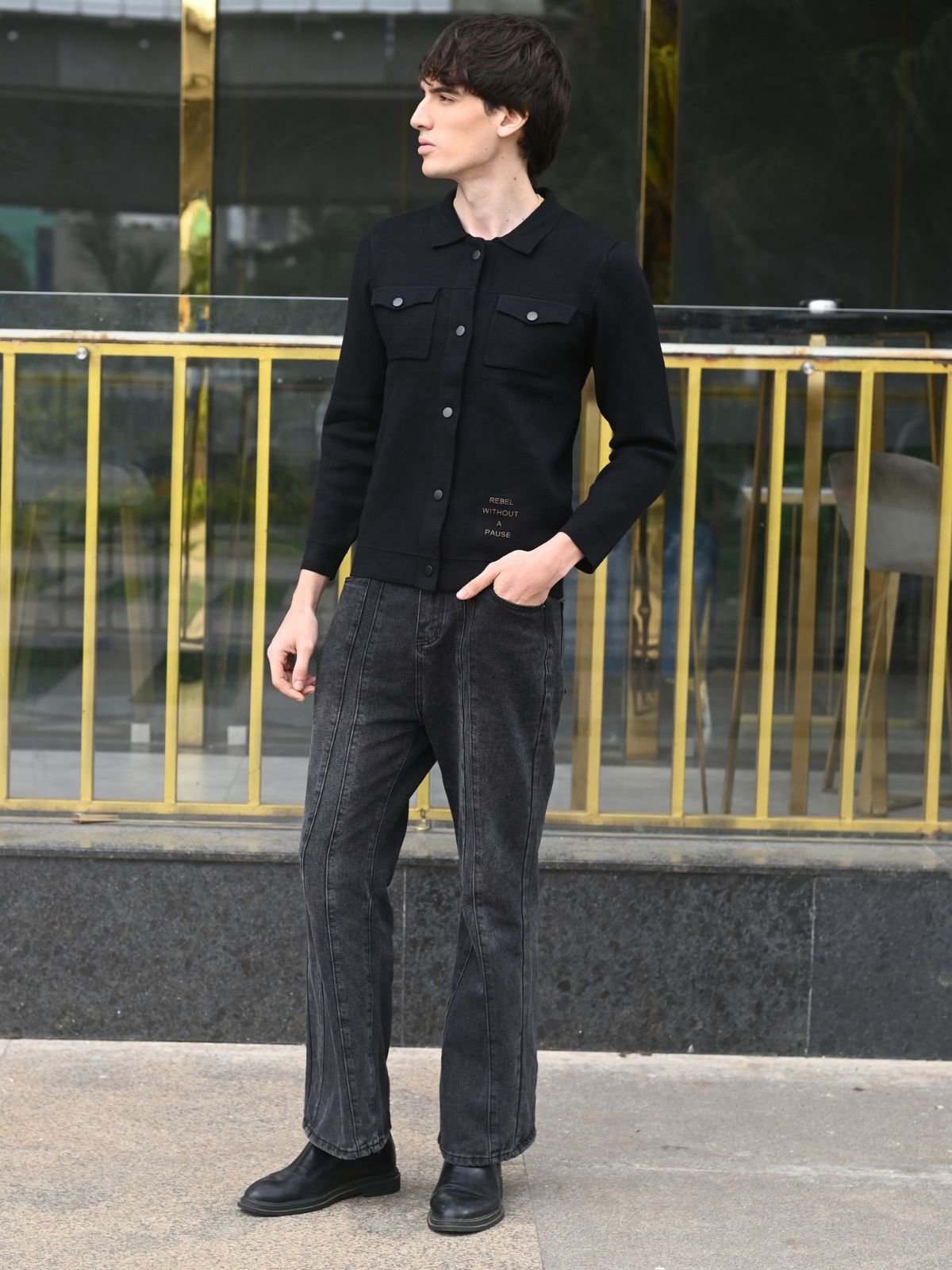 Black Patterned heavy Cotton Rib Jacket For Men