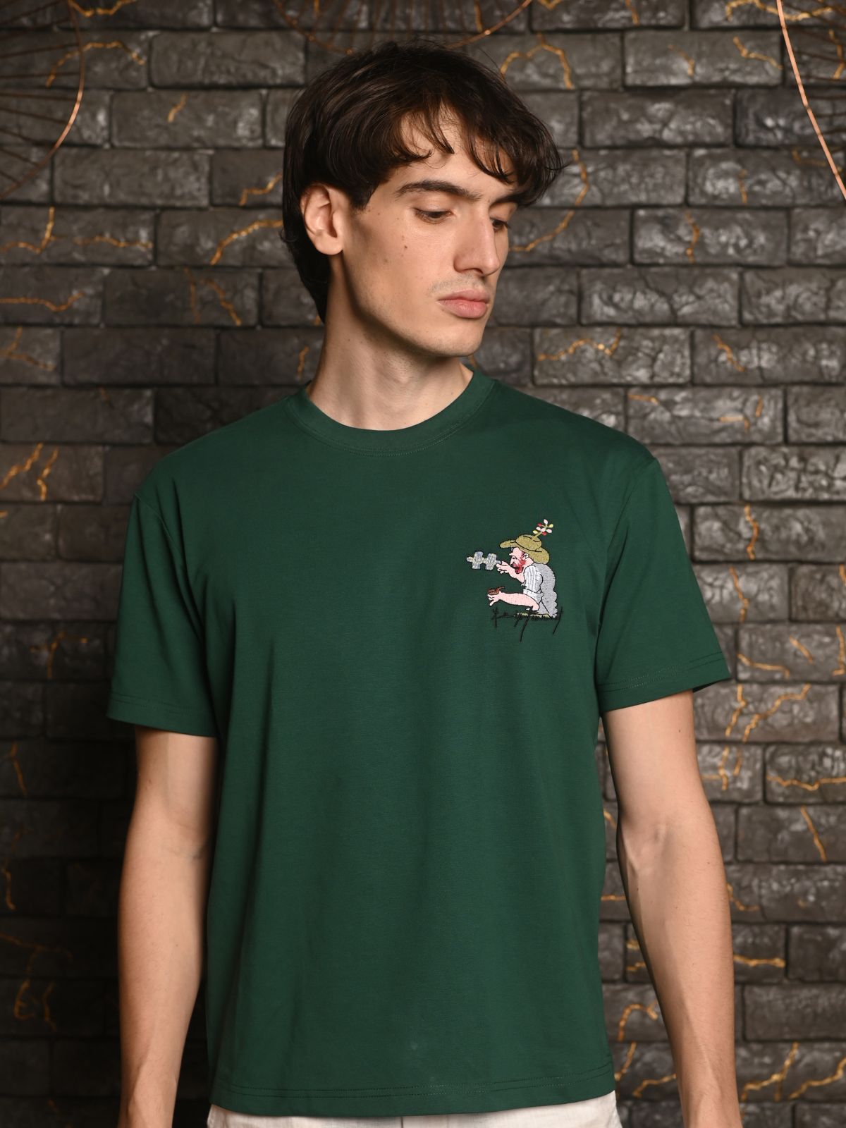 Green Embroidered Cotton jersey T-shirt For Men