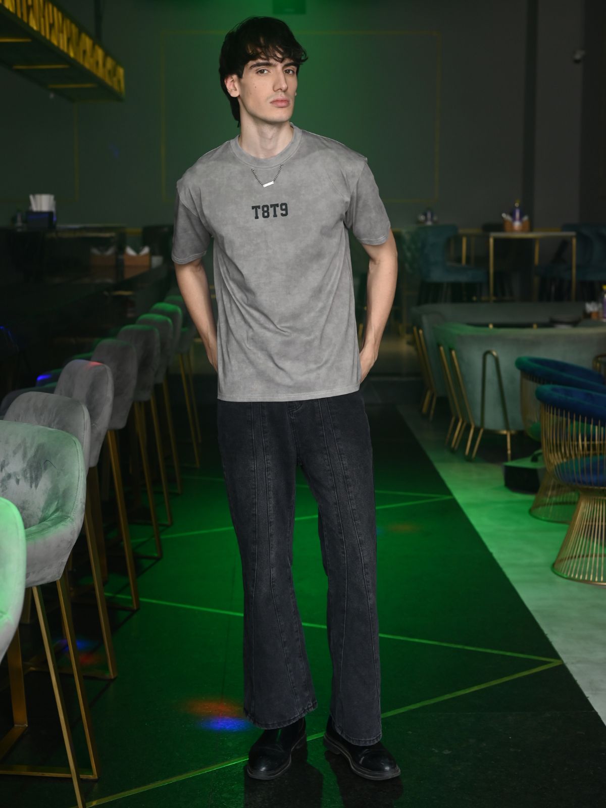 Grey Embossed Washed Cotton jersey T-shirt For Men