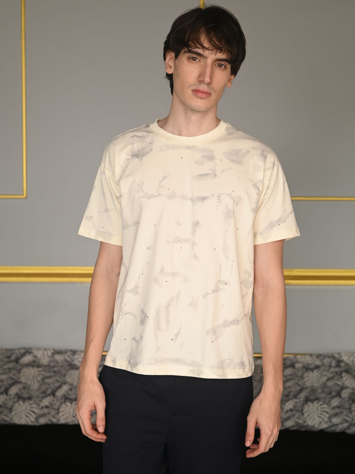 Cream Printed Tie and dye Cotton jersey T-shirt For Men