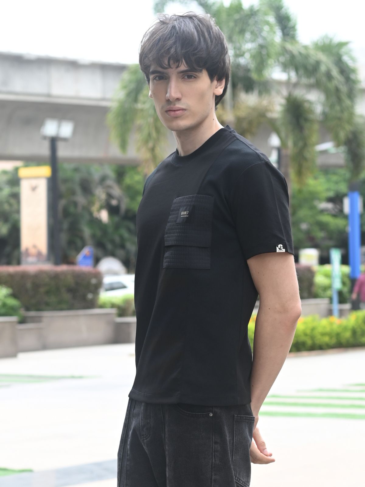 Black Solid Cotton jersey and Cotton Rib T-shirt For Men
