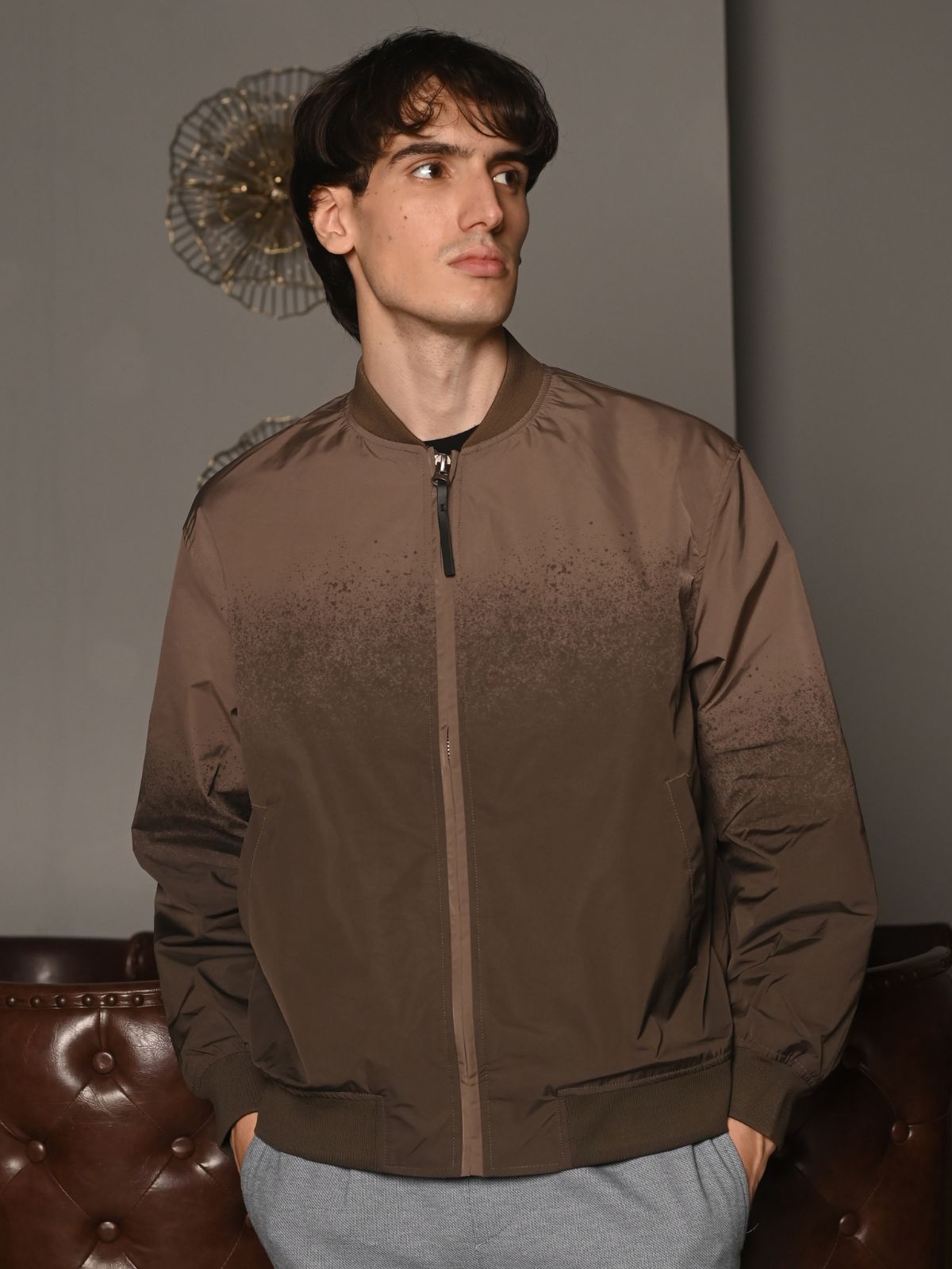 Brown Patterned Polyester Taffeta Jacket For Men