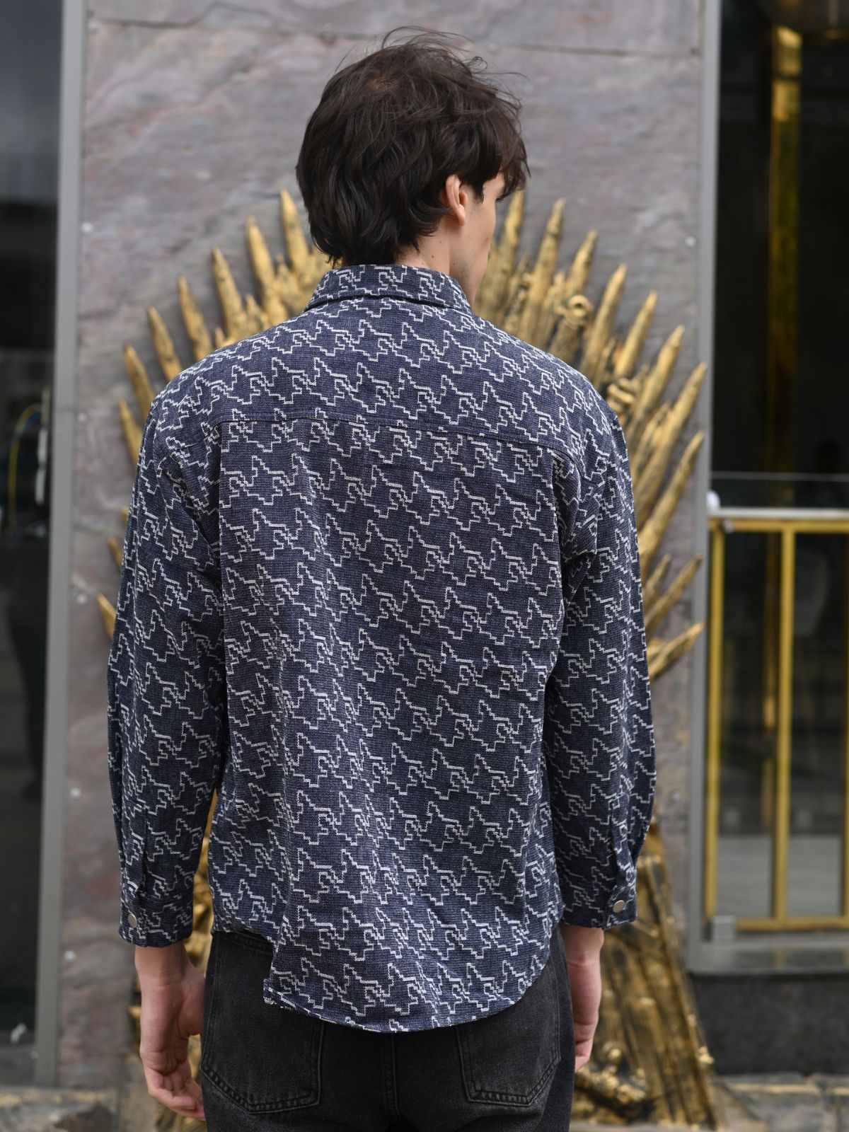 Blue Printed Denim Formal Shirt For Men