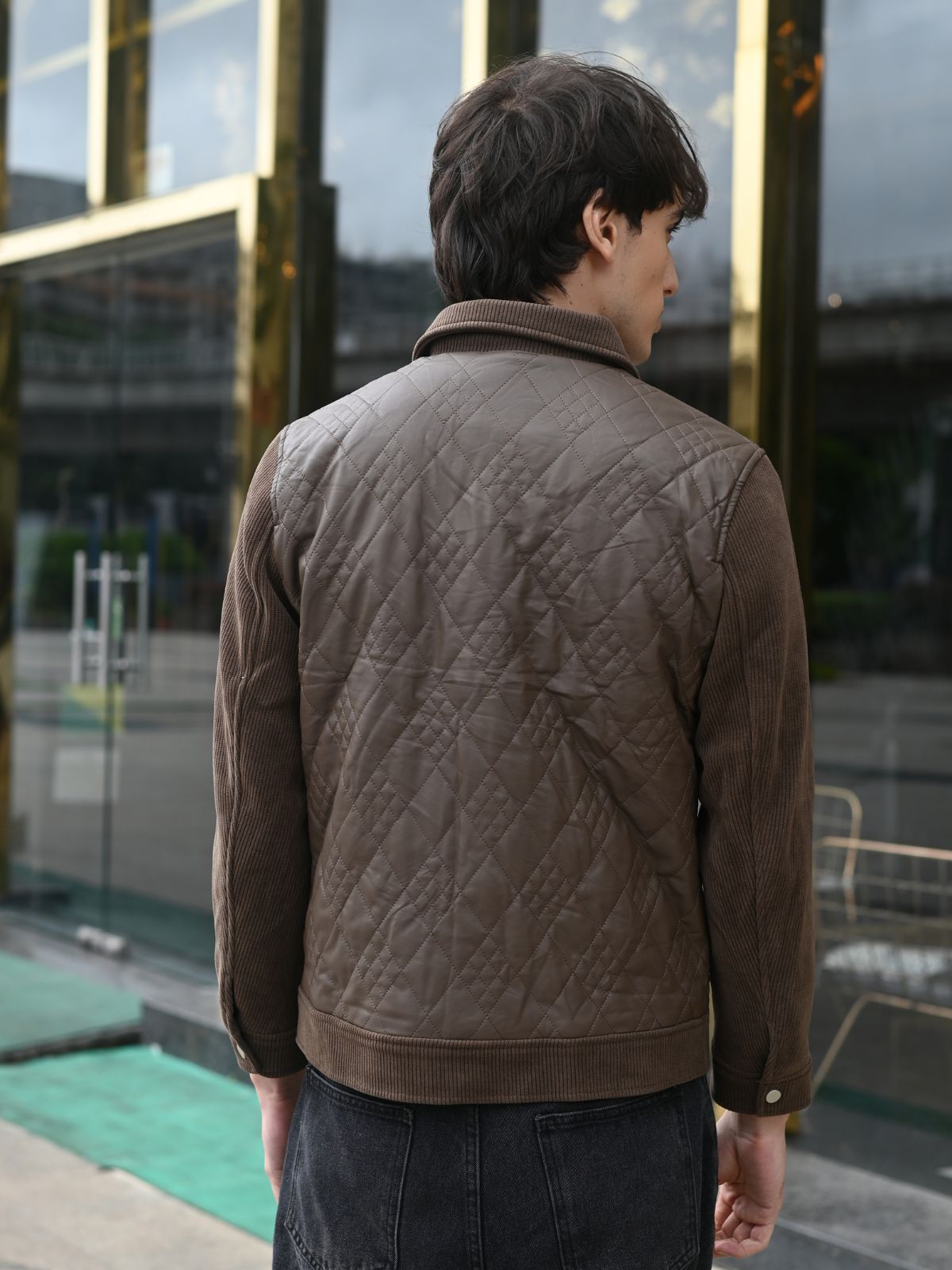 Brown Patterned PU and Coduri Jacket For Men