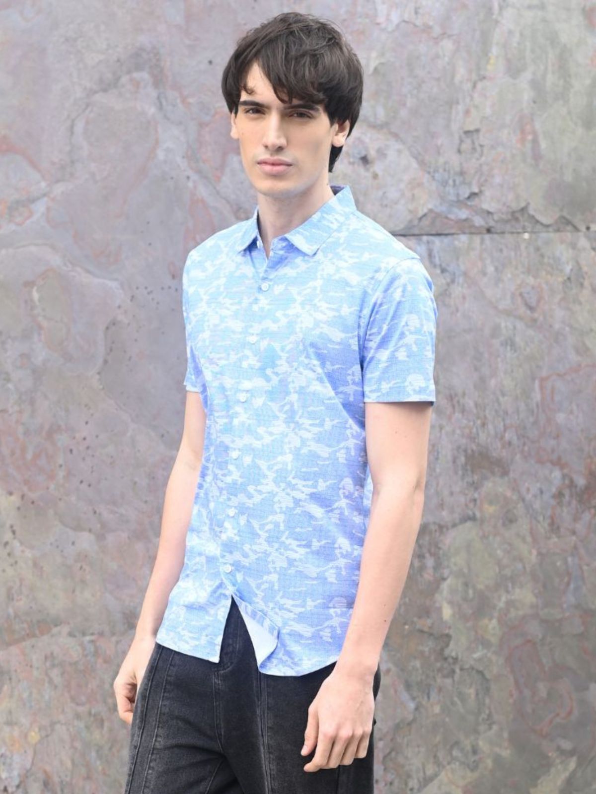 Blue Printed Polyester Lyvra Formal Shirt For Men