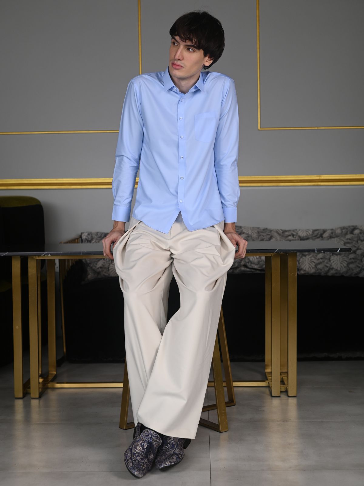 Blue Solid Polyester Formal Shirt For Men