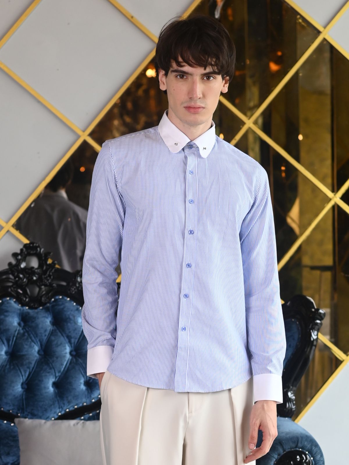 Blue Striped Stripes Cotton Formal Shirt For Men