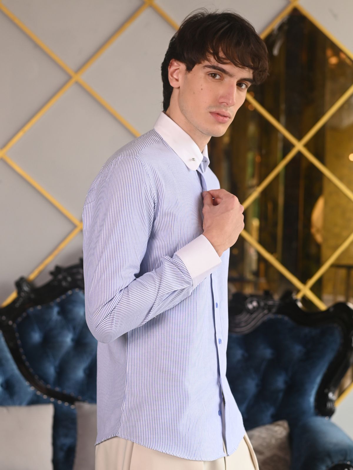 Blue Striped Stripes Cotton Formal Shirt For Men
