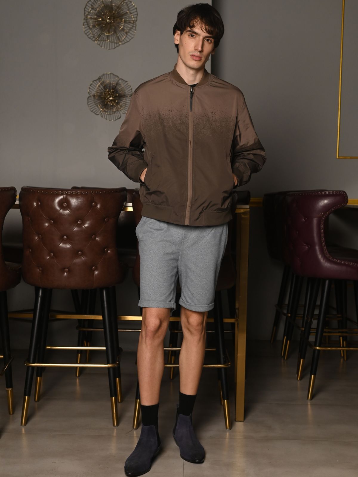 Brown Patterned Polyester Taffeta Jacket For Men