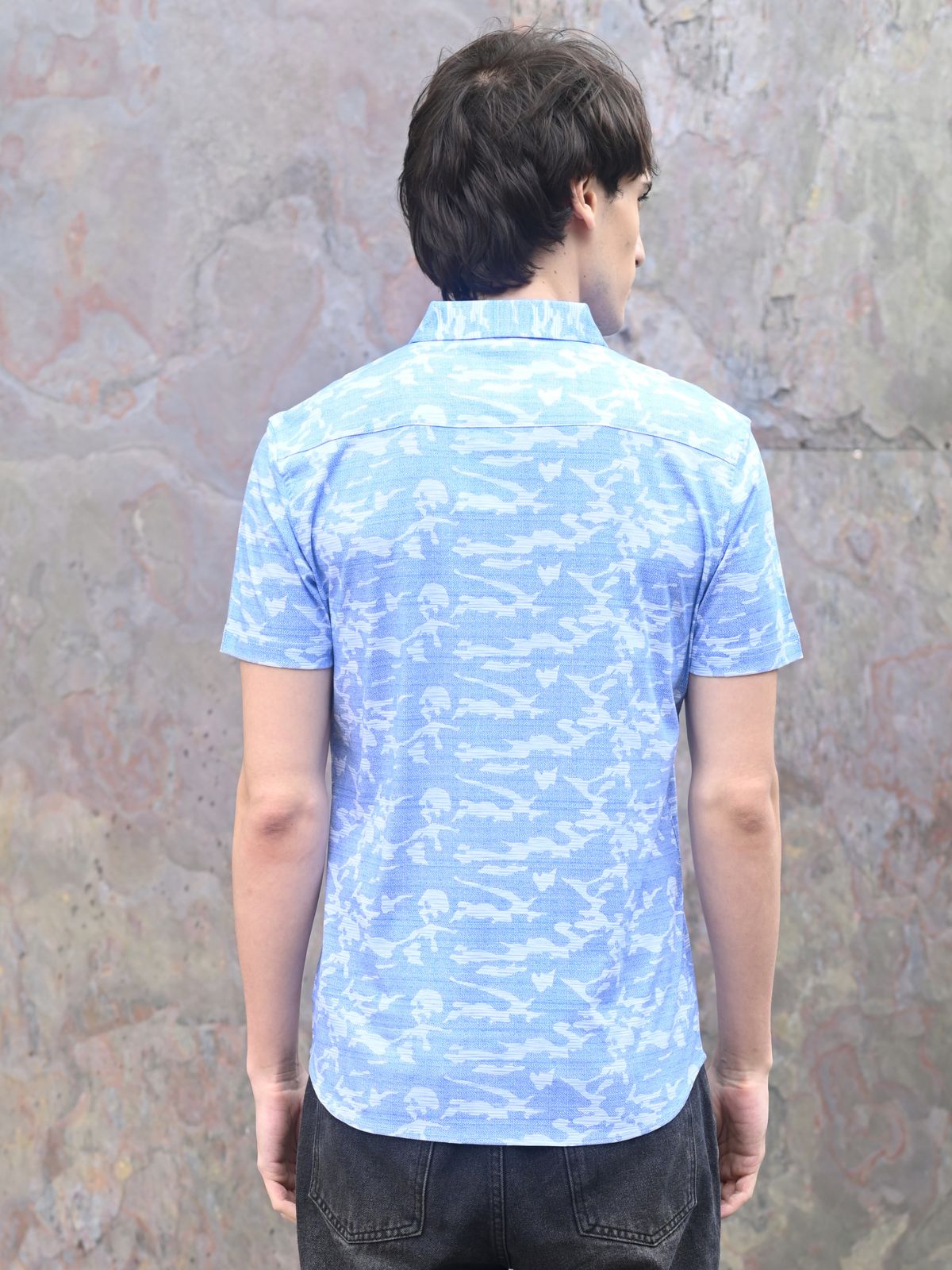 Blue Printed Polyester Lyvra Formal Shirt For Men