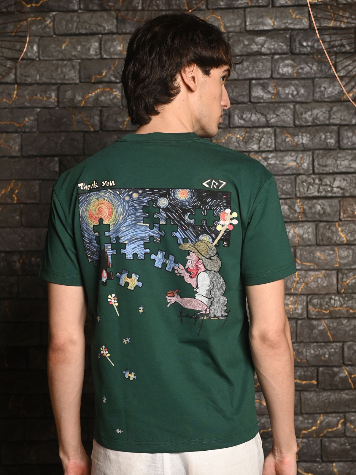 Green Embroidered Cotton jersey T-shirt For Men