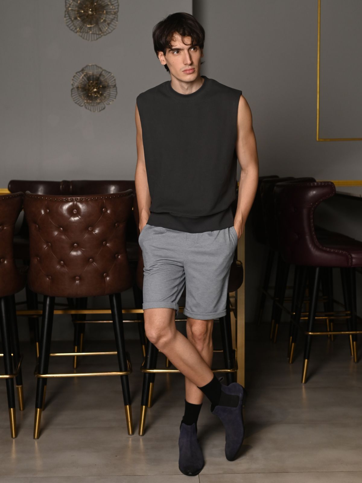 Grey Solid Cotton Rib T-shirt For Men