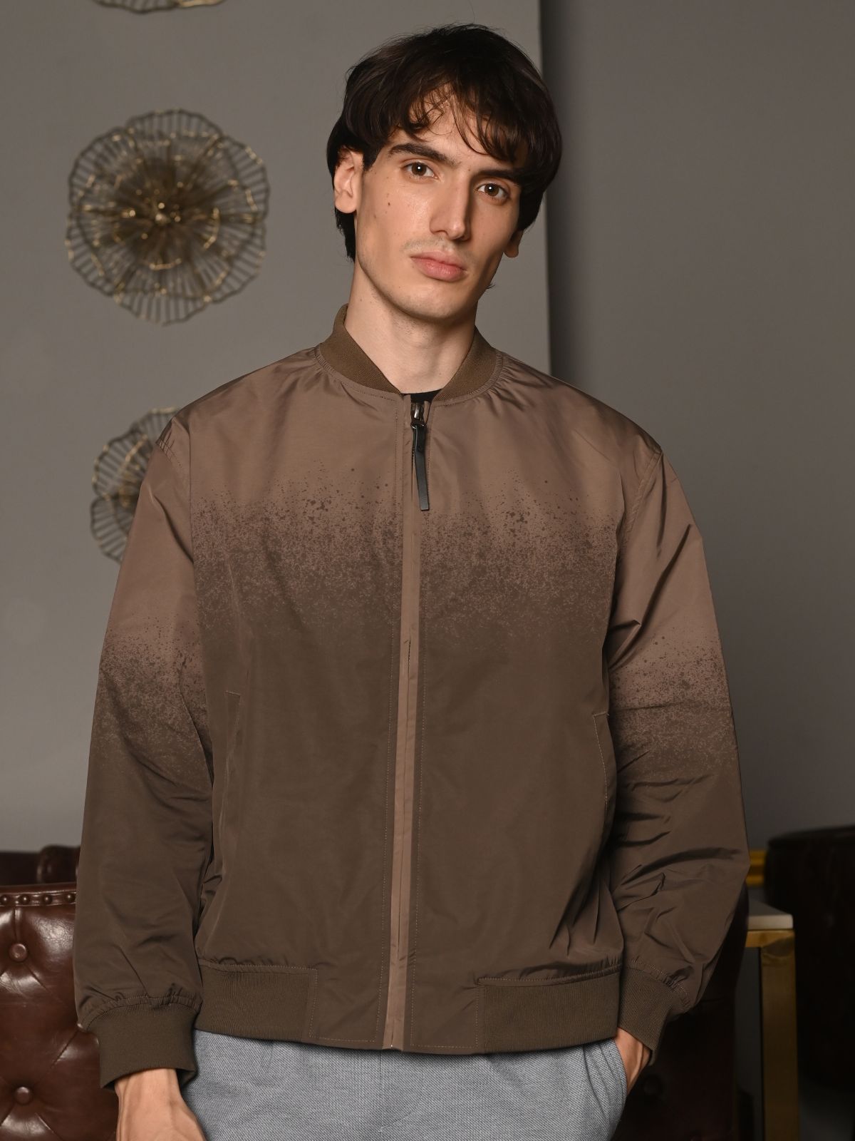 Brown Patterned Polyester Taffeta Jacket For Men