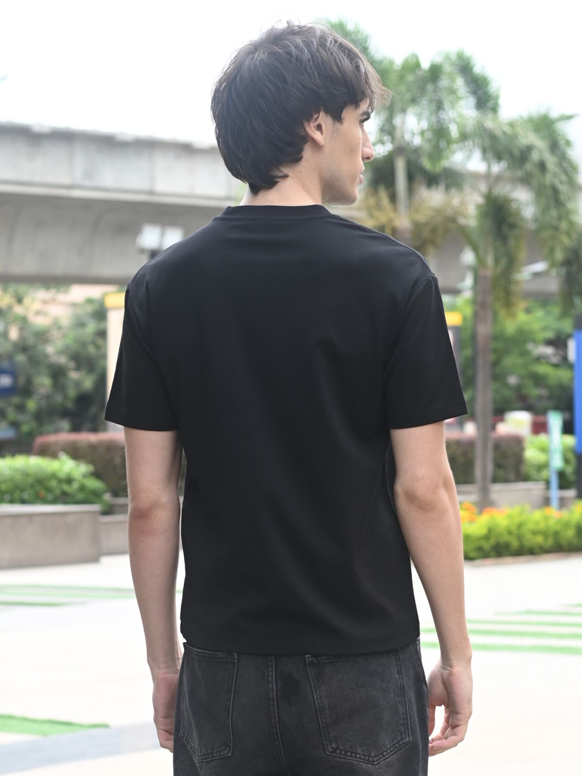 Black Solid Cotton jersey and Cotton Rib T-shirt For Men